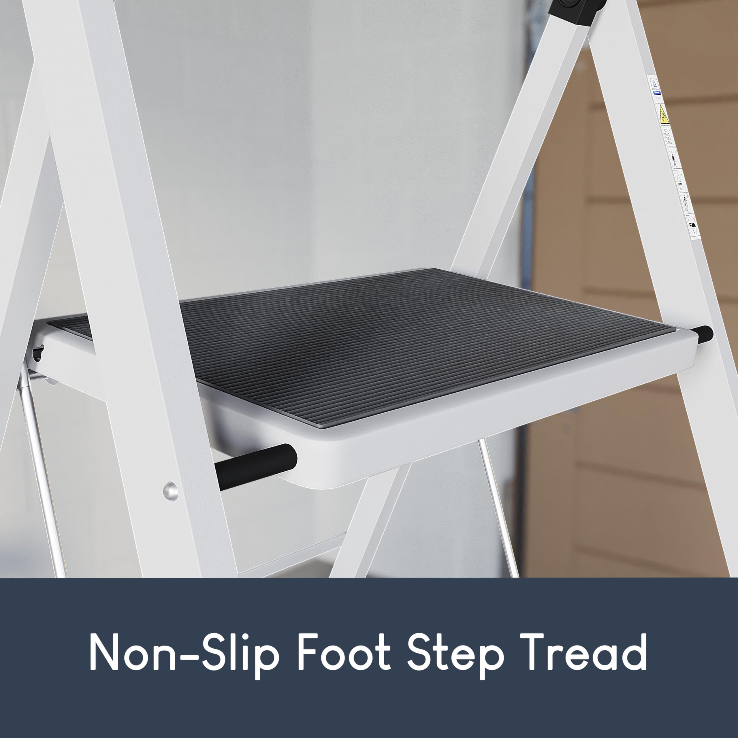 Home Vida 3 Step Ladder - Heavy Duty Steel Folding Ladder with Slip-Resistant and Wide Steps, Folding Mechanism, 150kg Max Load, Home/Kitchen/DIY/Garden Use, White