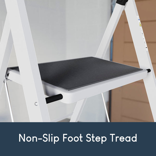 Home Vida 3 Step Ladder - Heavy Duty Steel Folding Ladder with Slip-Resistant and Wide Steps, Folding Mechanism, 150kg Max Load, Home/Kitchen/DIY/Garden Use, White