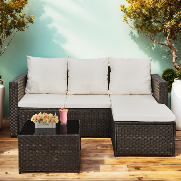 AOUXIN 3 Pieces Rattan garden furniture Patio Furniture Sets All Weather Outdoor Sectional Patio Sofa Manual Weaving Wicker Rattan Corner Sofa with Grey Cushions and Glass Table