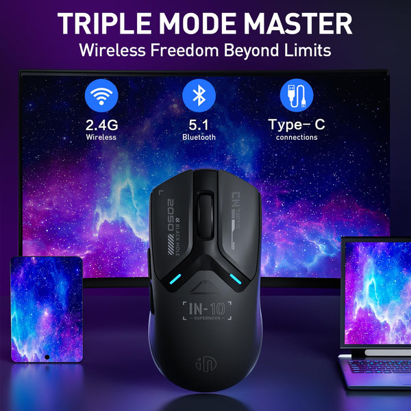 INPHIC IN10P Lightweight Wireless Gaming Mouse, Tri-Mode Wireless Mouse with Bluetooth/ 2.4G/ USB-C Wired, 60g Superlight, PAW3395 26K DPI Sensor, 8kHz Polling Rate, Fully Programmable, Black