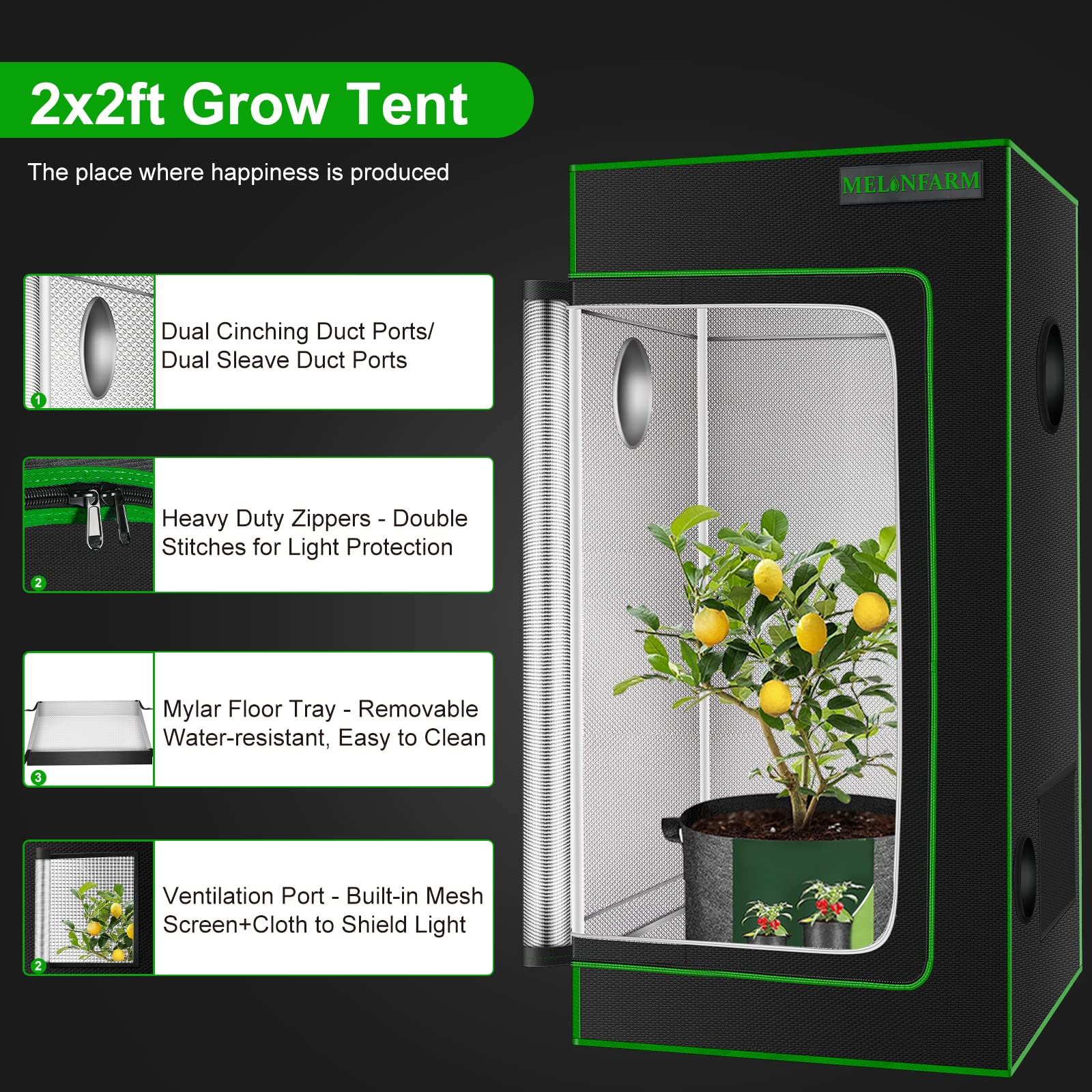 MELONFARM 2x2 Grow Tent 24"x24"x48''Reflective 600D Mylar Hydroponic with Observation Window, Floor Tray and Tool Bag for Indoor Plant Growing