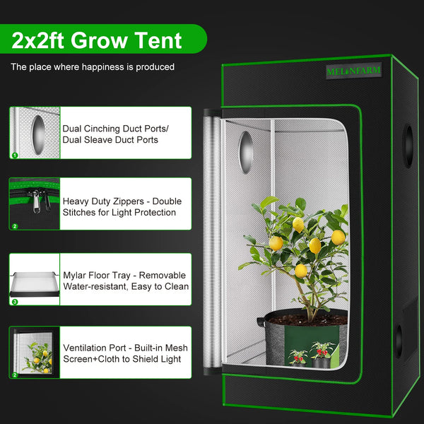 MELONFARM 2x2 Grow Tent 24"x24"x48''Reflective 600D Mylar Hydroponic with Observation Window, Floor Tray and Tool Bag for Indoor Plant Growing