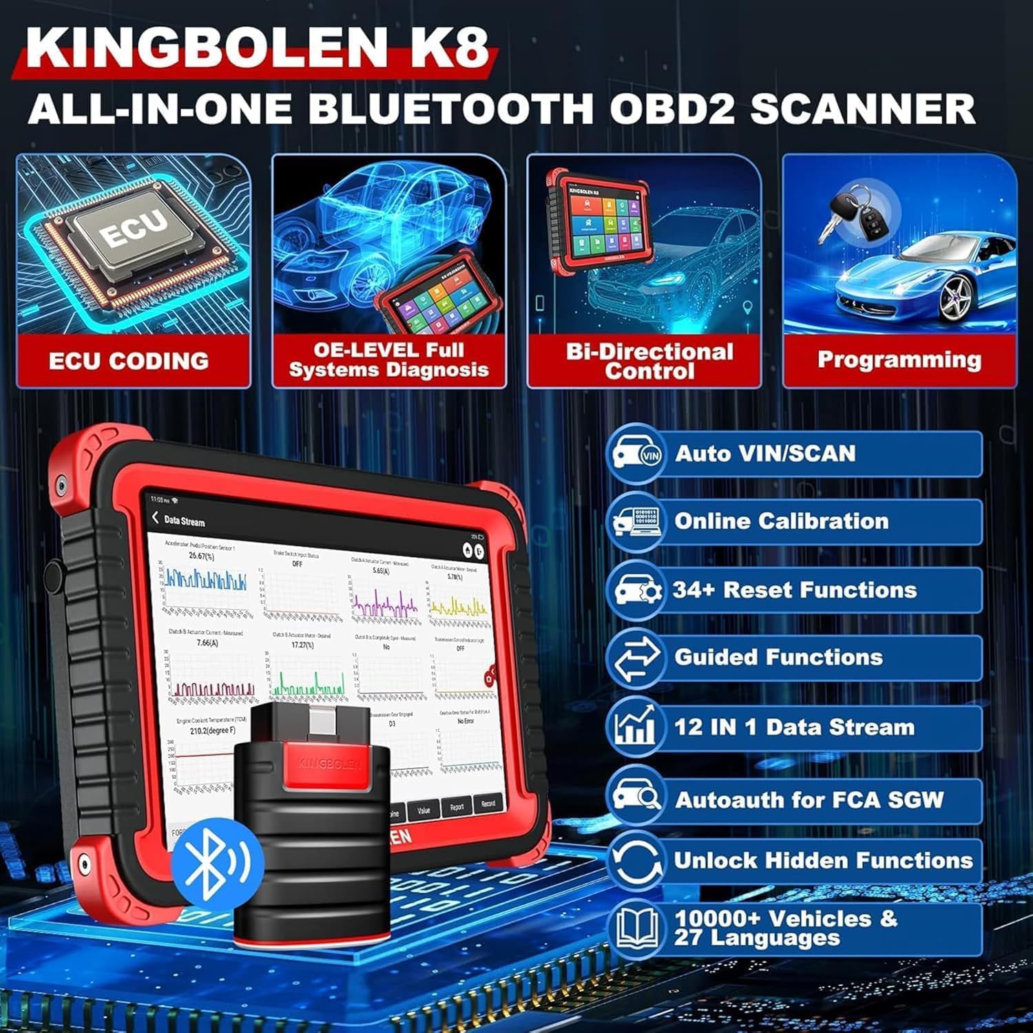 KINGBOLEN K10 PRO Car Diagnostic Tool,OE-Level Full System Bidirectional Scan Tool with ECU Coding,Topology Mapping,50+ Resets,V.A.G Guide,FCA,Can FD And DOIP,2 Years Update.