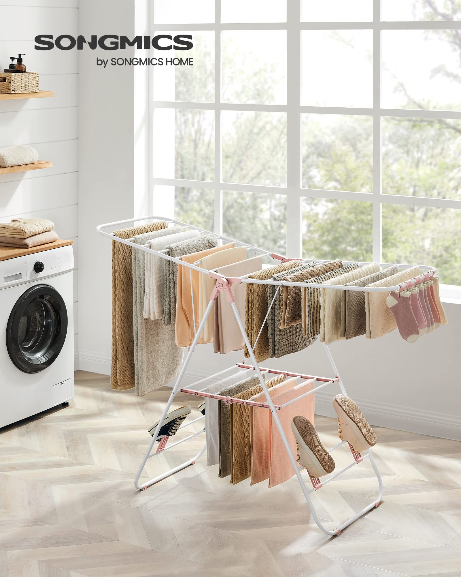SONGMICS Clothes Airer, Foldable Clothes Drying Rack, Clothes Horse with Height-Adjustable Wings, Free-Standing Laundry Drying Rack, Indoor and