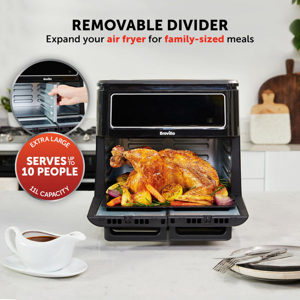 Breville Halo Flexi Air Fryer & Large Mesh Tray | Digital Dual Air Fryer Oven | 11L: Serves 10+ | Fry, Bake, Grill, Roast & Reheat | 2400 W | Save £65 a Year on Energy Bills* | Black [VDF138]