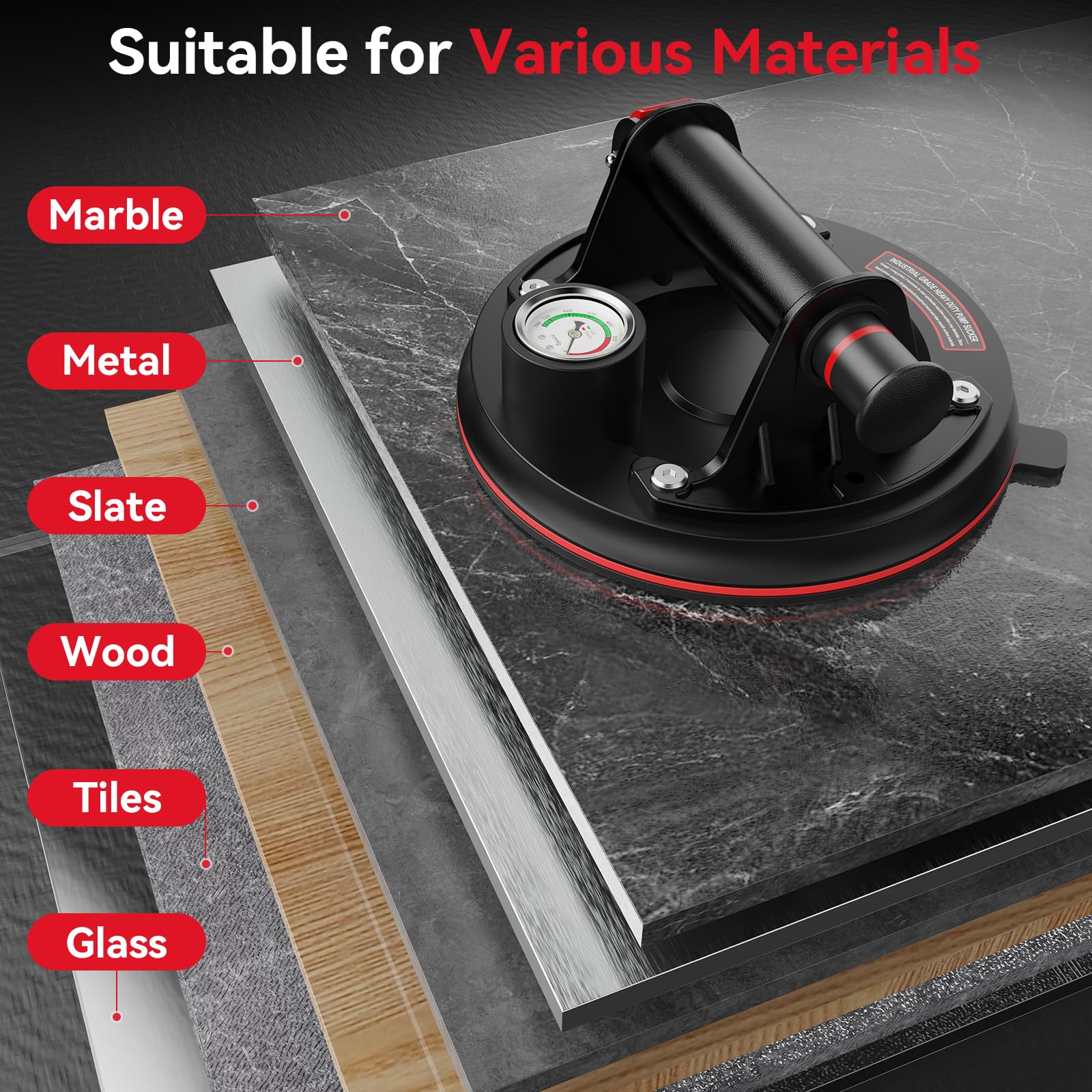 Avhrit 8-Inch Tile Suction Cups Lifter with Pressure Gauge, 485 lbs/220 kg Load Capacity, Heavy Duty Glass Vacuum Suction Cup for Replacing Auto Windshields, Tiles, Granite, and Floors (Two Cups)