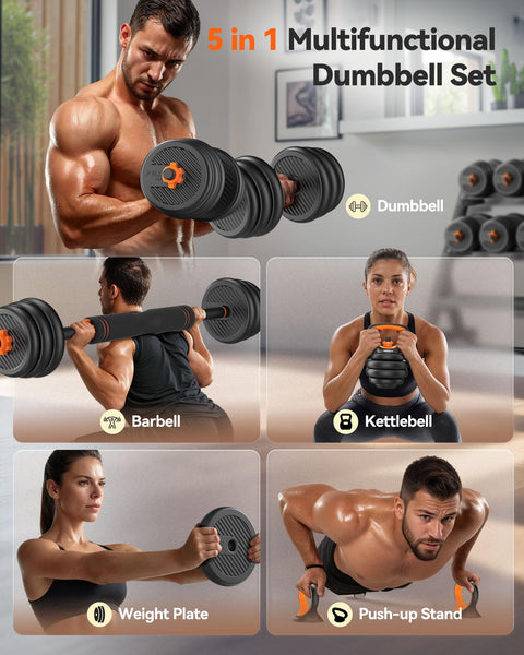 FEIERDUN Adjustable Dumbbells, 20lbs Free Weight Set with Connector, 4 in1 Dumbbells Set Used as Barbell, Kettlebells, Push up Stand, Fitness