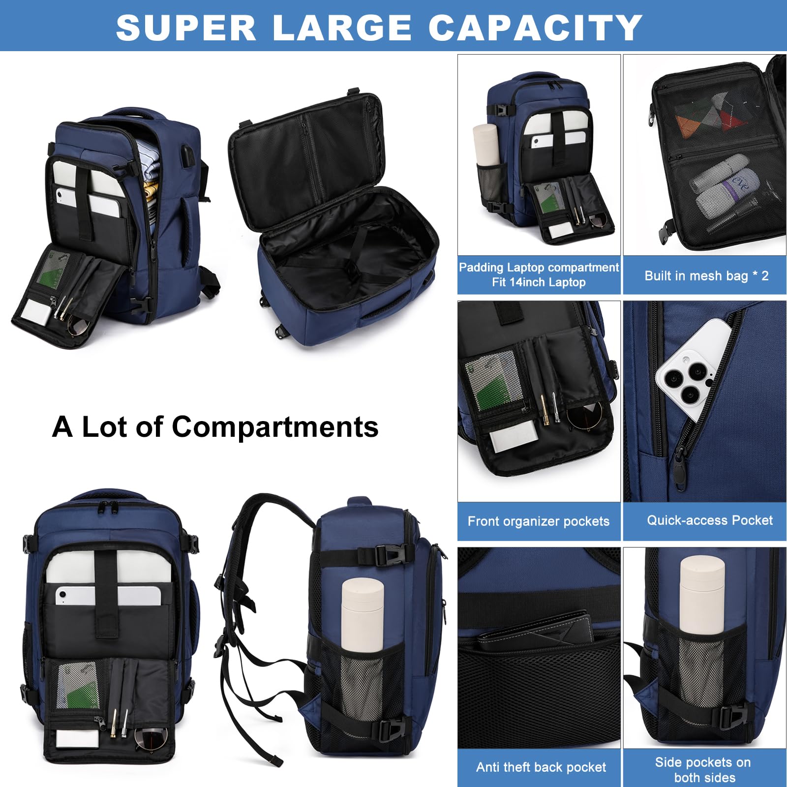 Cabin Bags 40x20x25 for Ryanair Underseat 20L Small Travel Hand Luggage Backpack Carry-ons Bag Cabin Size for Airplanes Flight Bag Travel Rucksack Fit 14 Inch Laptop with USB Charging Port-Black