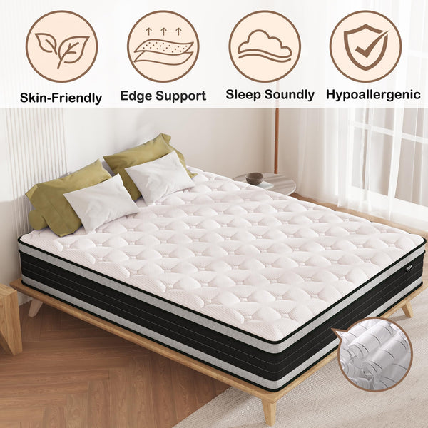 Bednew Double Mattresses 34cm, 13.4 Inch Innerspring Hybrid Mattress Double 4FT6 with Breathable Foam and Pocket Spring For Cool Comfort Sleep, Medium Firm Mattress(135x190x34cm)