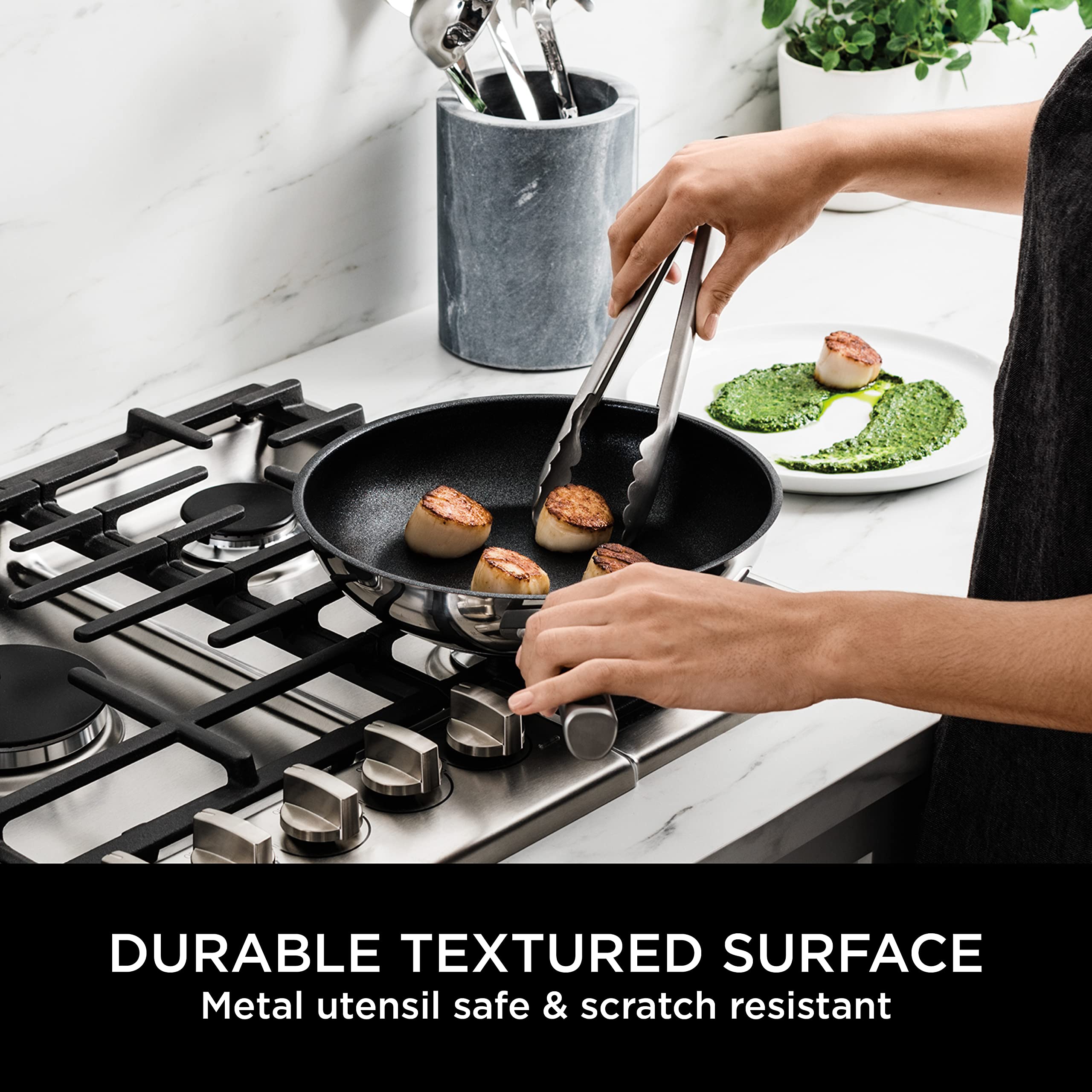 Ninja ZEROSTICK 5-Piece Pan Set, Long Lasting Non Stick,16cm, 18cm & 20cm Saucepans with oven-safe glass lids, 16cm Milk Pan, 24cm Frying Pan, Stainless Steel Cookware C6500UK