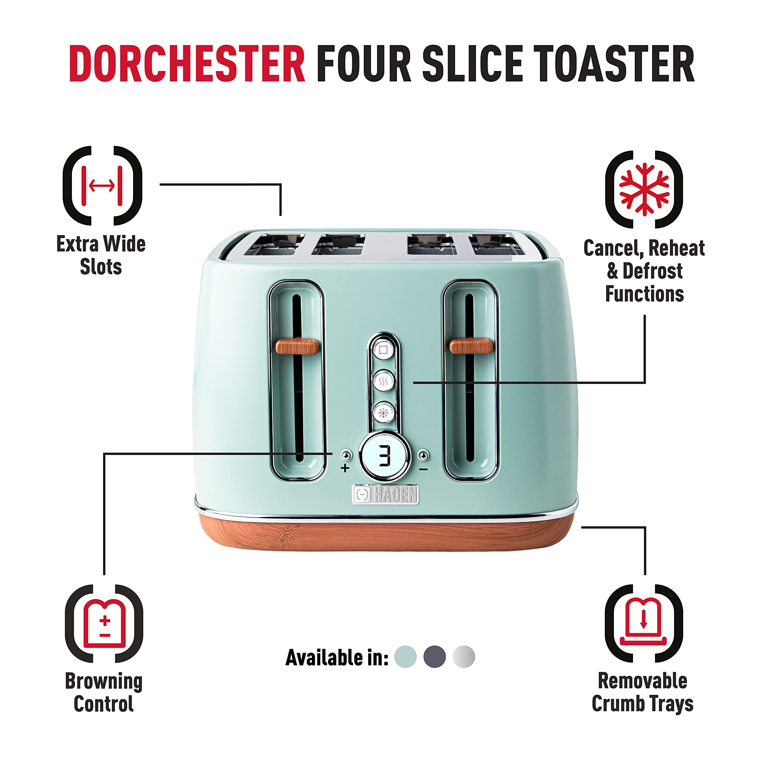 Haden Dorchester Toaster 4 Slice  Stainless Steel Body - Modern LCD Display - 6 Browning Levels - Cancel/Defrost/Reheat - 1900-2300W Digital 4 Slice