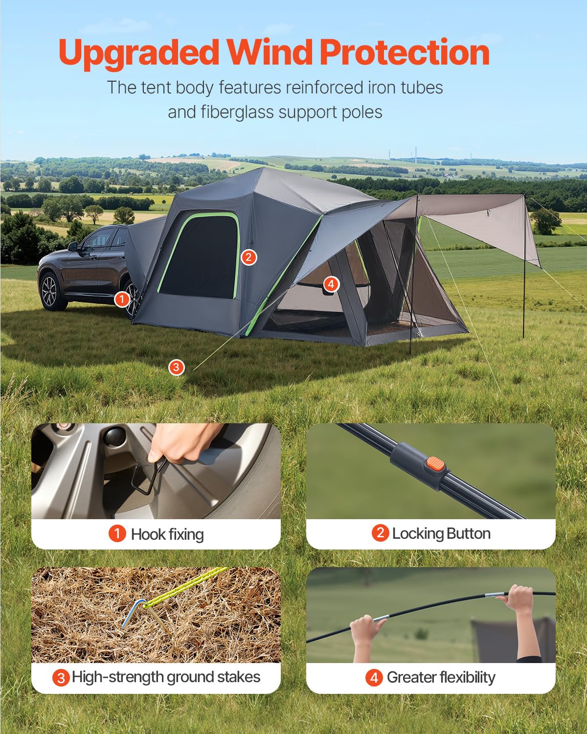 VEVOR Waterproof PU2000mm Spacious Double Layer Design, SUV Camping Tent with Shade Awning and Mesh Windows, Includes Rainfly and Storage Bag