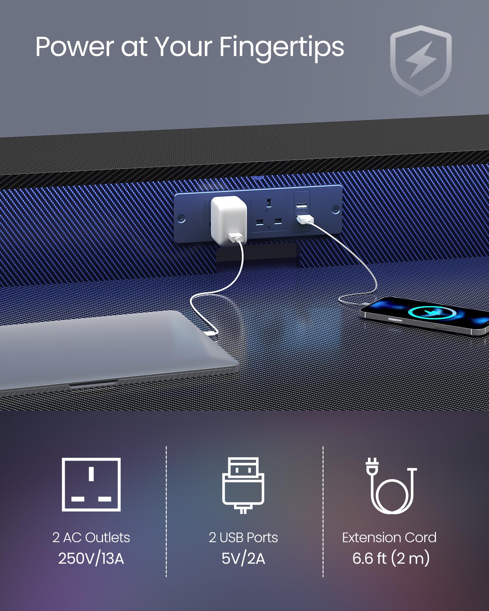 VASAGLE Gaming Desk with LED Lights and Built-In Power Outlets, Computer Desk with Monitor Shelf, Gaming Table for 2 Monitors, Office Desk, for Bedroom, 60 x 120 x 76 cm, Carbon Black LWD292B02