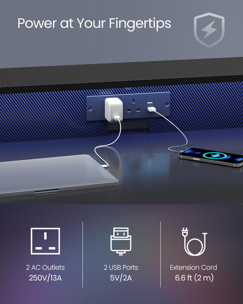 VASAGLE Gaming Desk with LED Lights and Built-In Power Outlets, Computer Desk with Monitor Shelf, Gaming Table for 2 Monitors, Office Desk, for Bedroom, 60 x 120 x 76 cm, Carbon Black LWD292B02