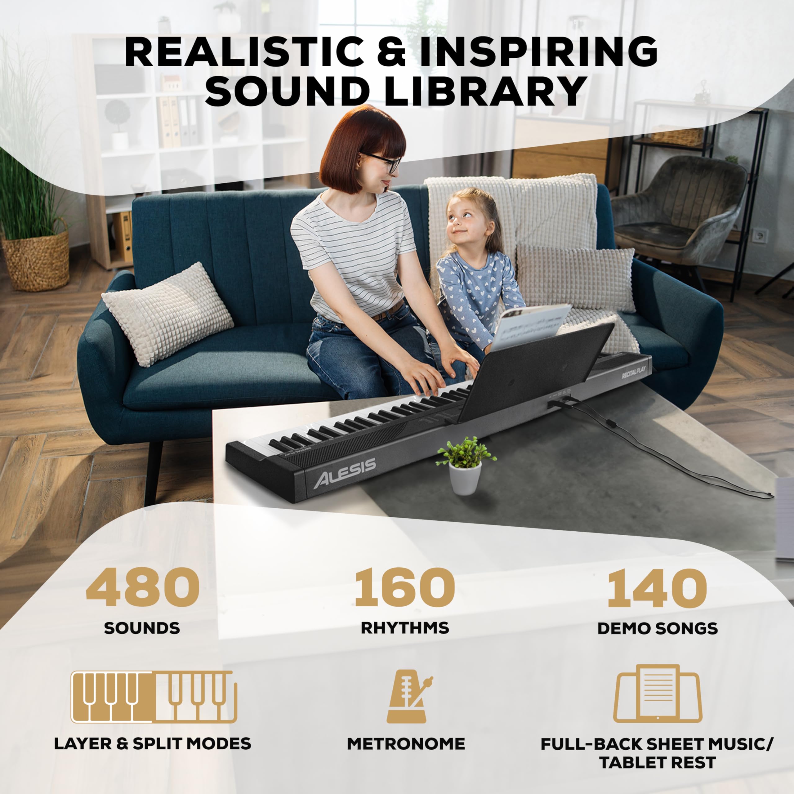 Alesis 88 Key Keyboard Piano with 480 Sounds, Speakers, USB MIDI, Sheet Music Tablet Rest, Power Adapter and Piano Lessons for Beginners