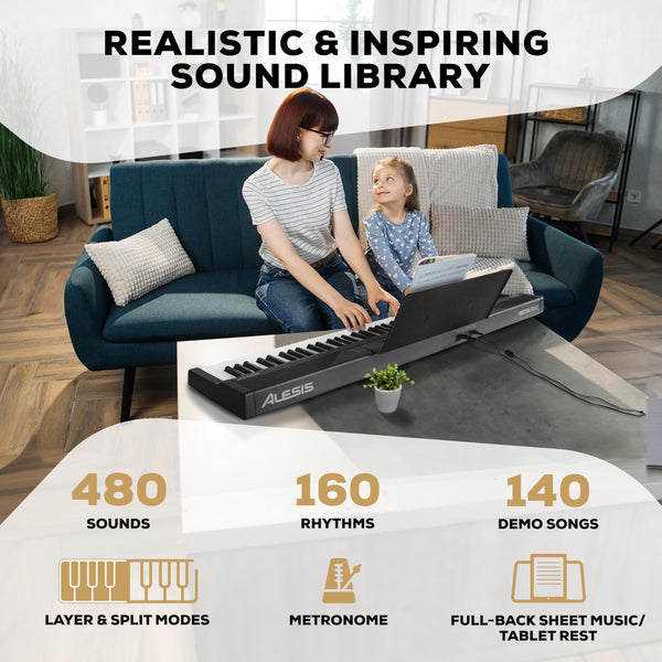 Alesis 88 Key Keyboard Piano with 480 Sounds, Speakers, USB MIDI, Sheet Music Tablet Rest, Power Adapter and Piano Lessons for Beginners