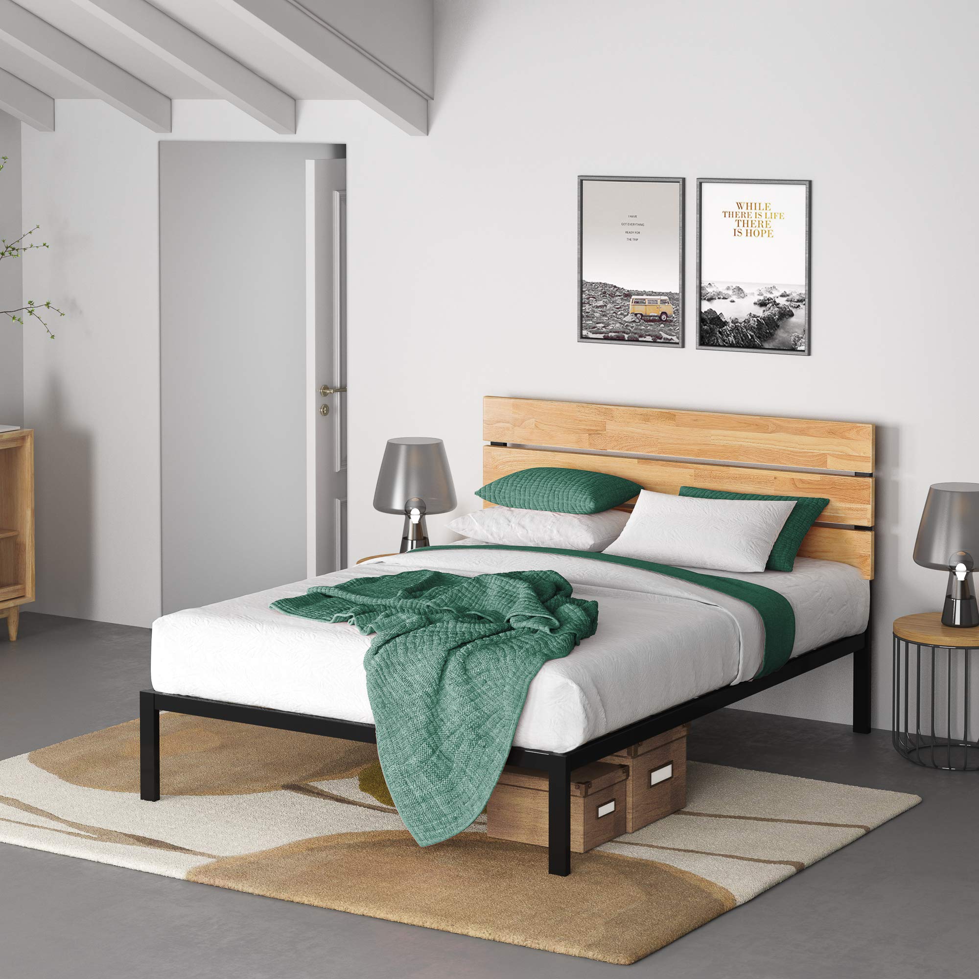 Zinus Paul Super King Bed frame - Bed 180x200 cm - 36 cm Height - Metal and Wood Platform Bed frame with Wood slat support - Natural Brown and Black