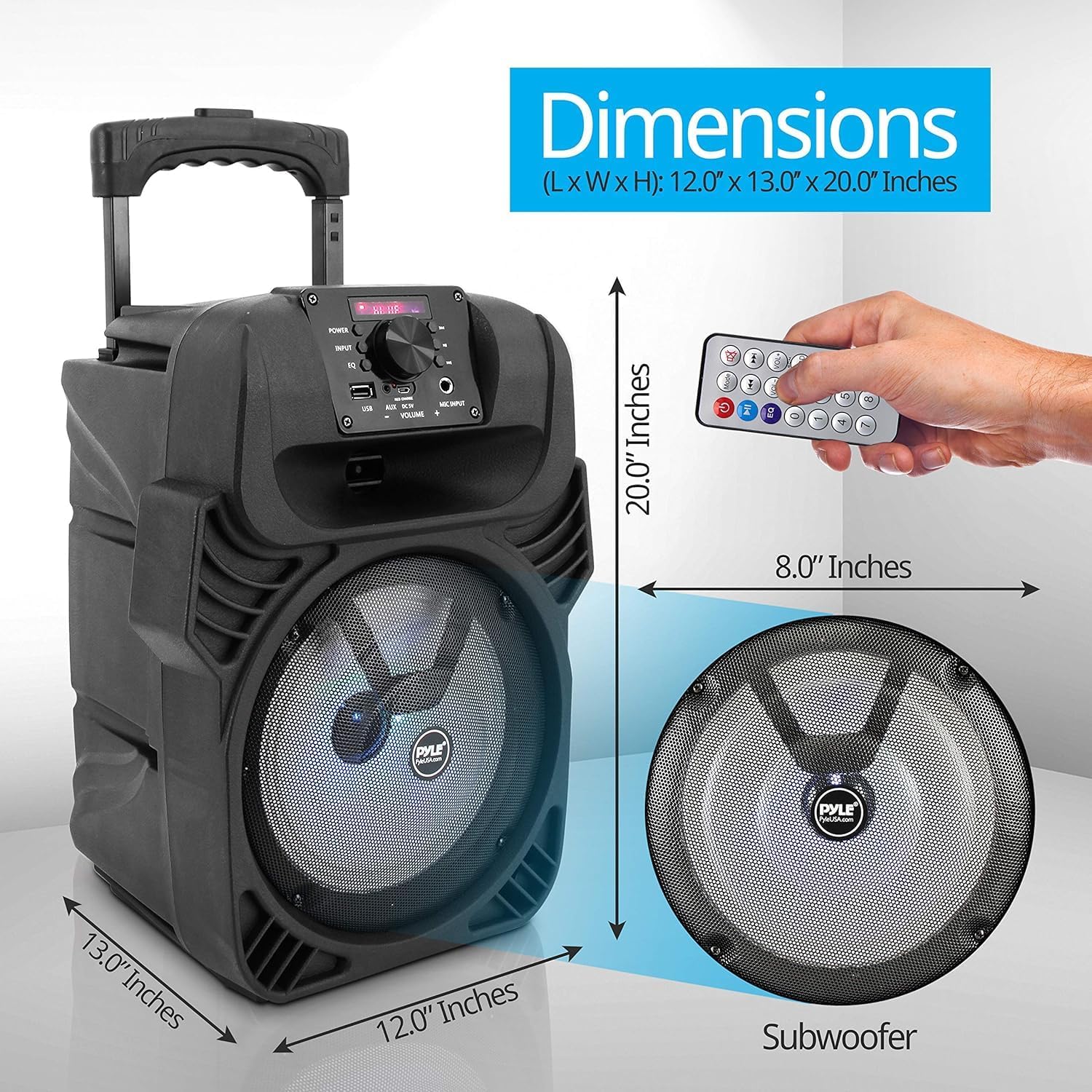 Pyle, Portable Dj Speaker System 400W, Bluetooth Pa Loudspeaker - 8” Subwoofer, USB/MP3/FM Radio/Mic Inputs, LED Lights, Rechargeable Battery w/Remote Control