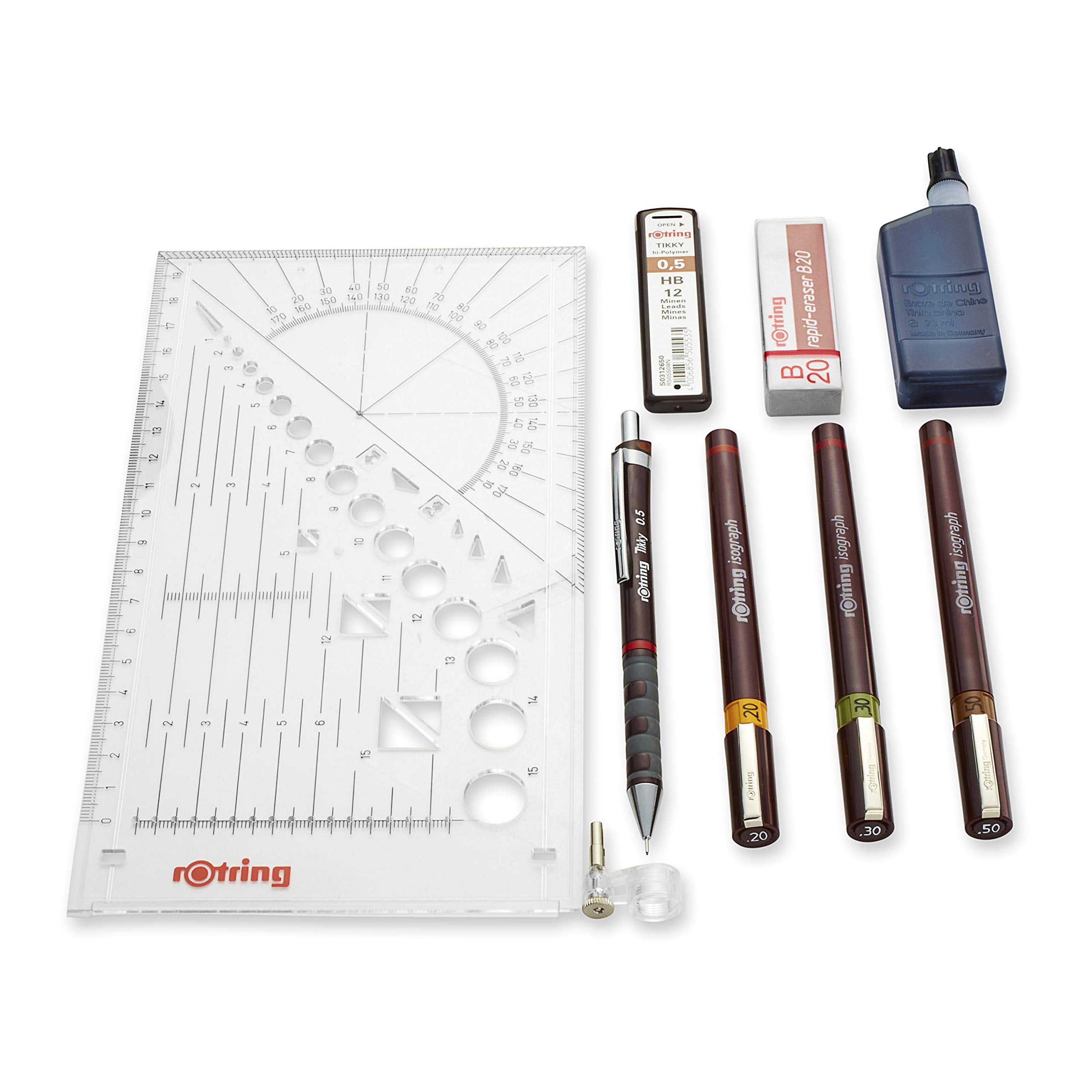 rOtring Isograph Pen Set Technical Pen & Pencil College Set | 3 Pens (0.20mm0.30mm0.50mm) and Mechanical Pencil (0.5mm) + Accessories