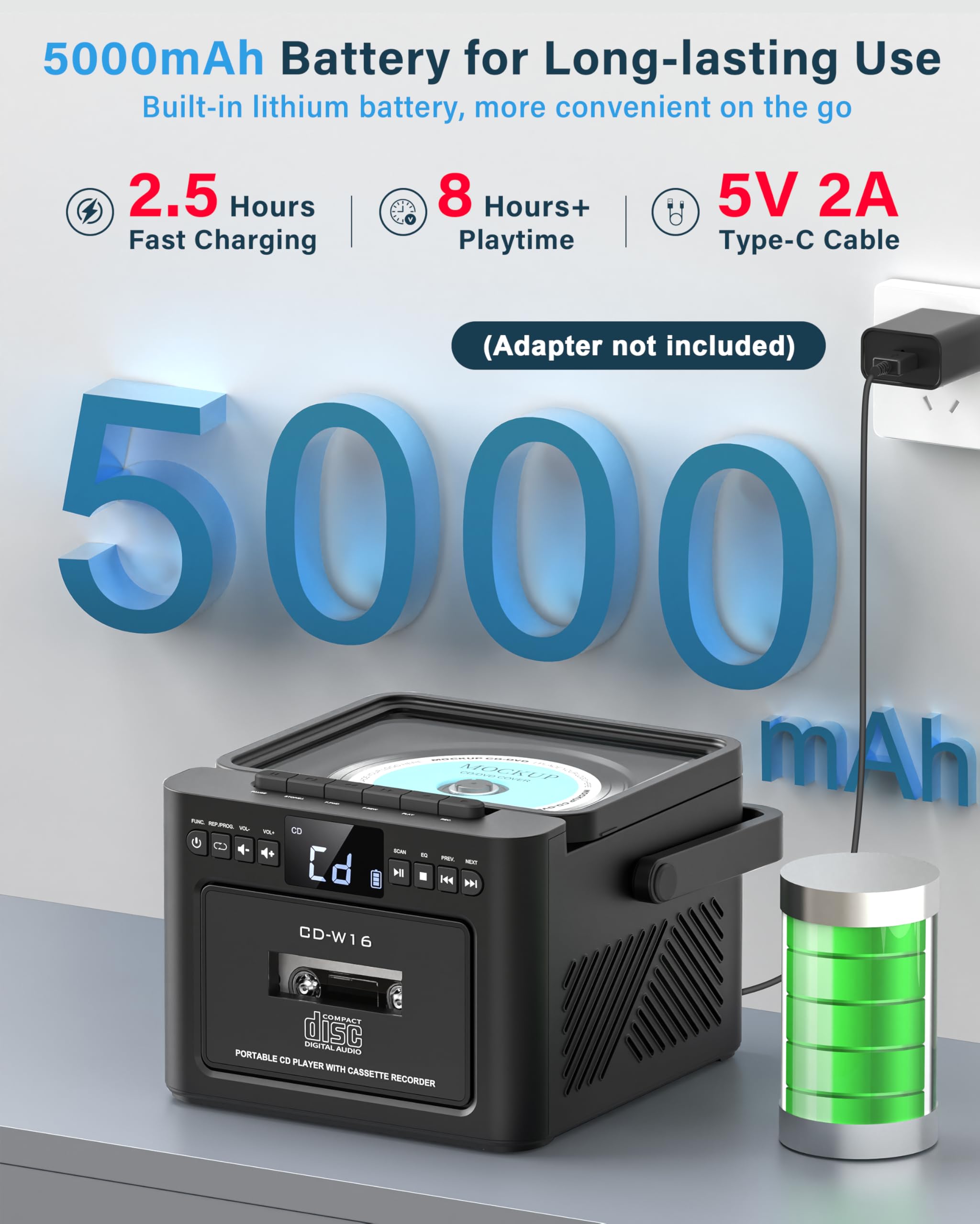 Greadio Portable CD Player for Home, Rechargeable Boombox Cassette Player, FM Radio CD Player with Bluetooth, 5000mAh Battery, Remote Control, USB, AUX, TF/SD Card, 5W Dual Stereo Speaker (Black)