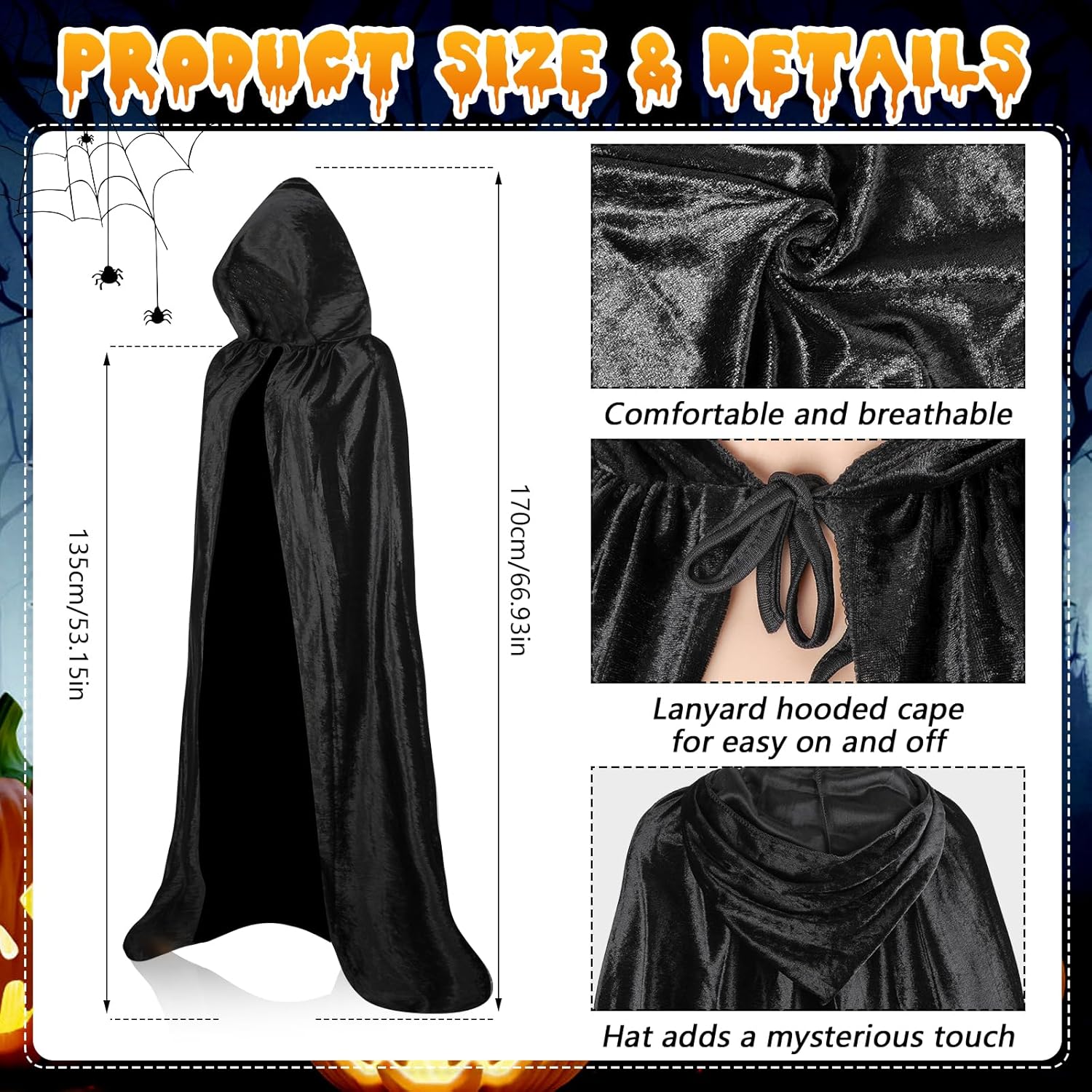 Beipegin Witches Costume Women Hooded Cape Witch Hat Lace Masks Gloves Halloween Costumes Witch Outfit Women Dress up Cosplay