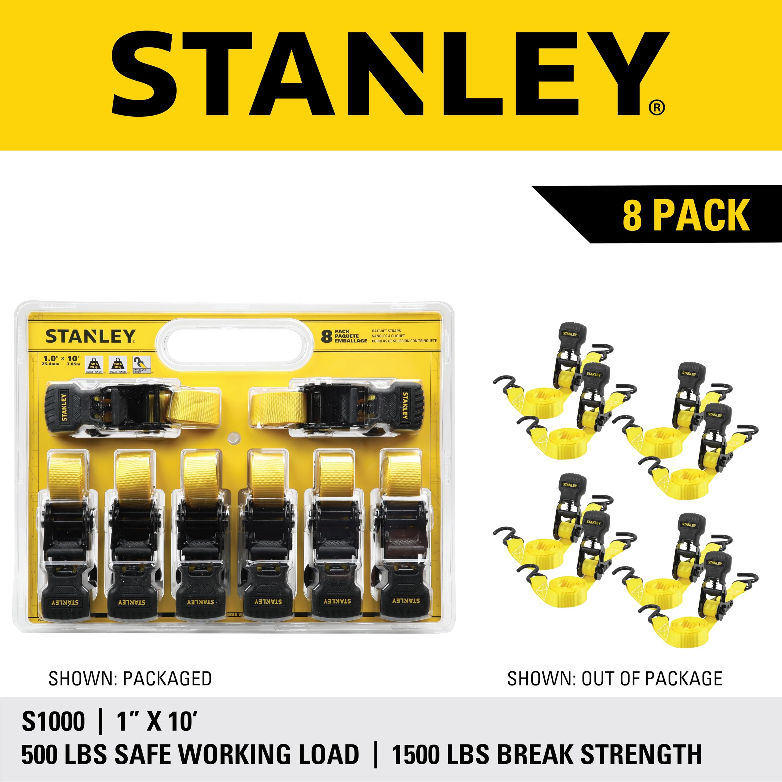 STANLEY S1007 Black/Yellow 1.5" x 16' Ratchet Tie Down Straps - 1,100 lb Safe Working Load / 3,300 lb Break Strength, 2 Pack