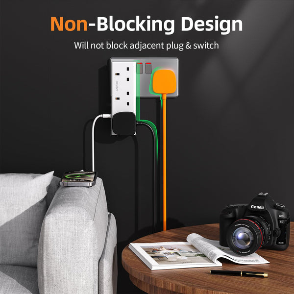 Multi Plug Extension with USB C Slot, 3 Way Plug Wall Charger Socket, Multi Outlets Extender Adapter UK for School, Home, Kitchen, Office (White)