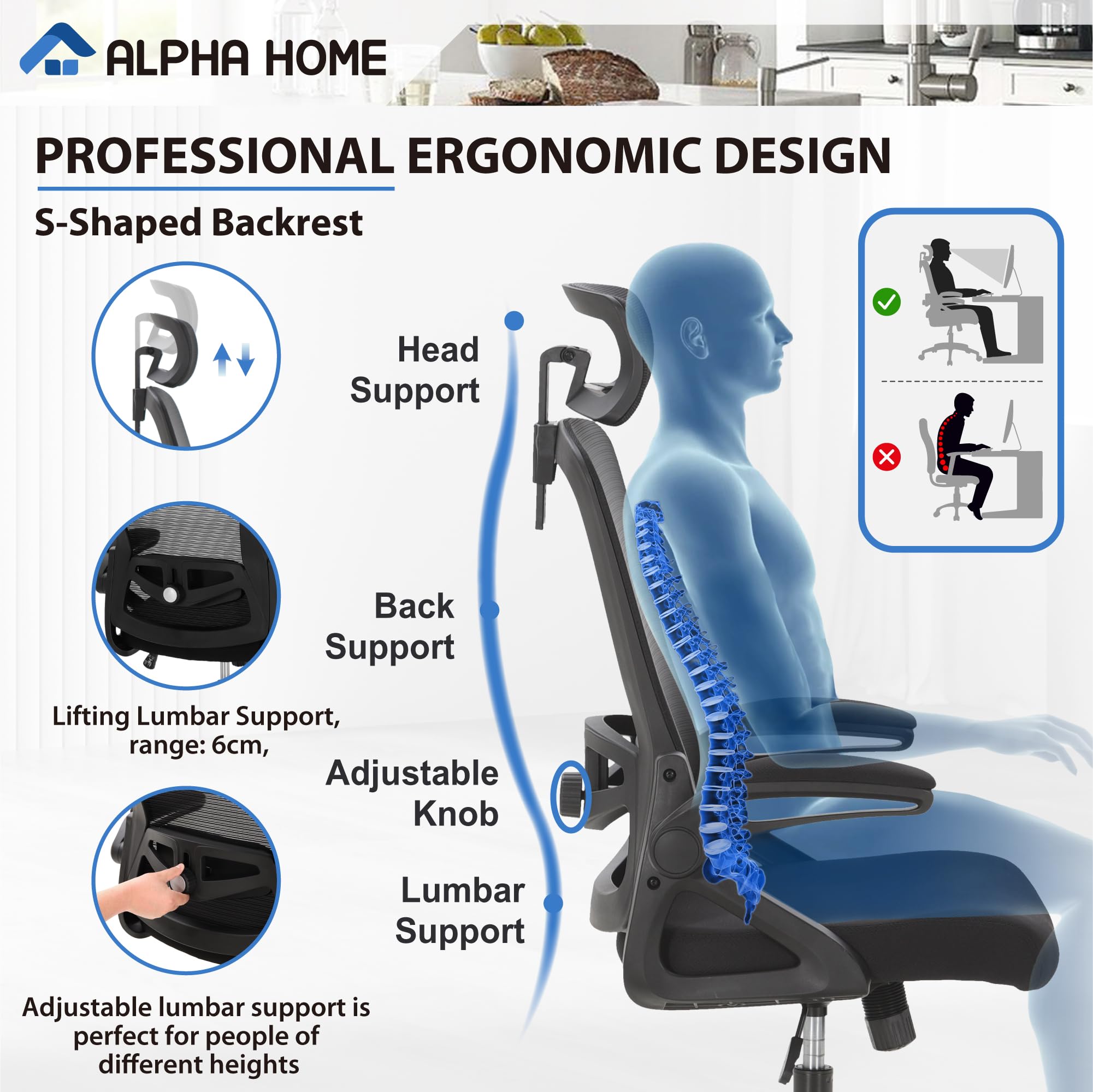 ALPHA HOME Ergonomic Office Desk Chair, Breathable Mesh Computer Chair with Adjustable Lumbar Support, Headrest and Flip up Armrests, Comfortable