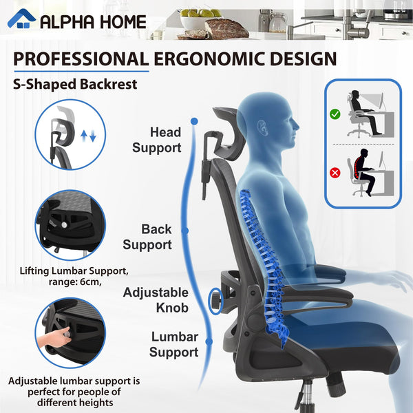 ALPHA HOME Ergonomic Office Desk Chair, Breathable Mesh Computer Chair with Adjustable Lumbar Support, Headrest and Flip up Armrests, Comfortable