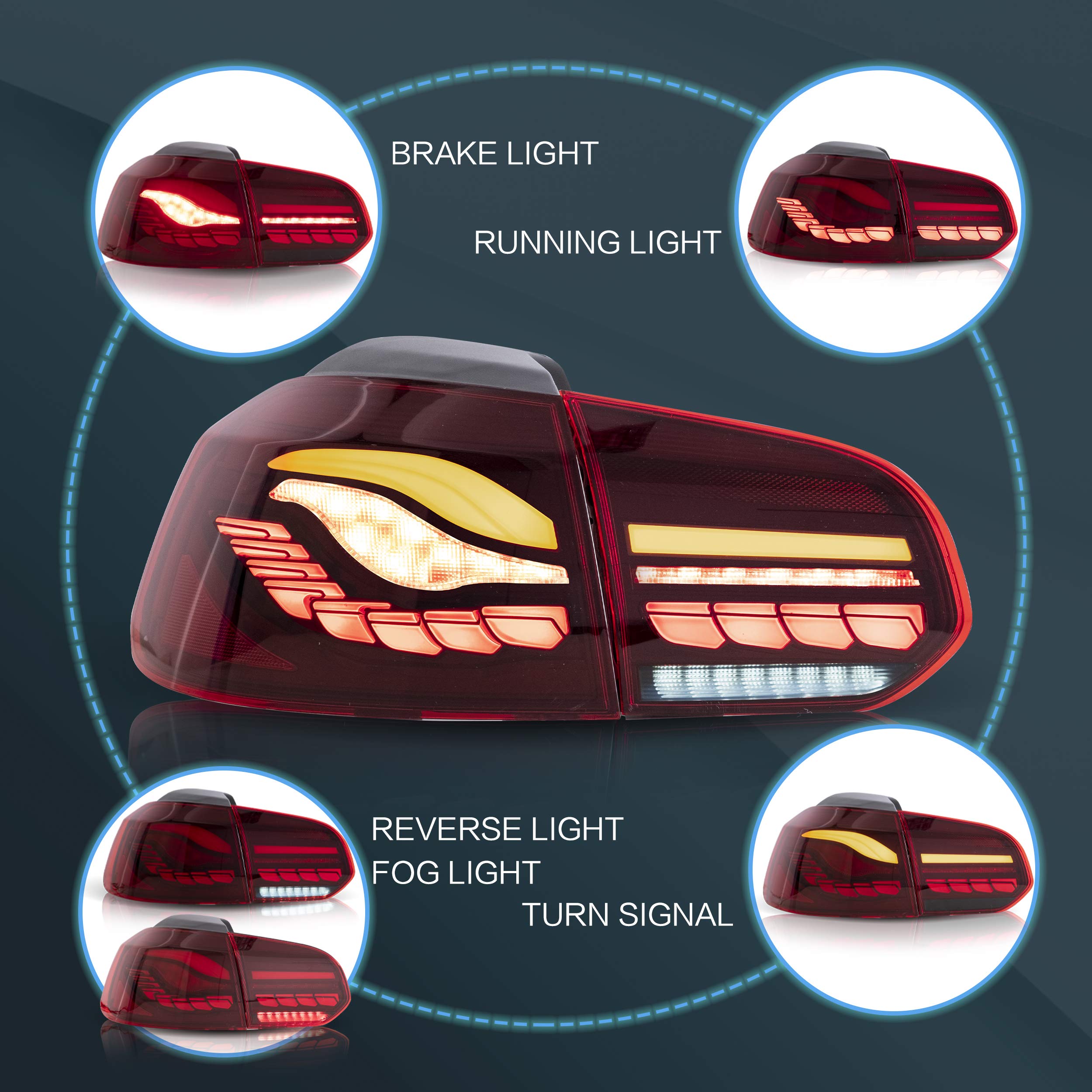 VLAND LED Tail Lights Fit for 2008-2013 Volkswagen Golf 6 MK6 TSI TDI GTD R(not for GTI/Variant/Cabriolet), Rear Lights with Sequential Turn Signal Indicators, E-mark, Red Smoked