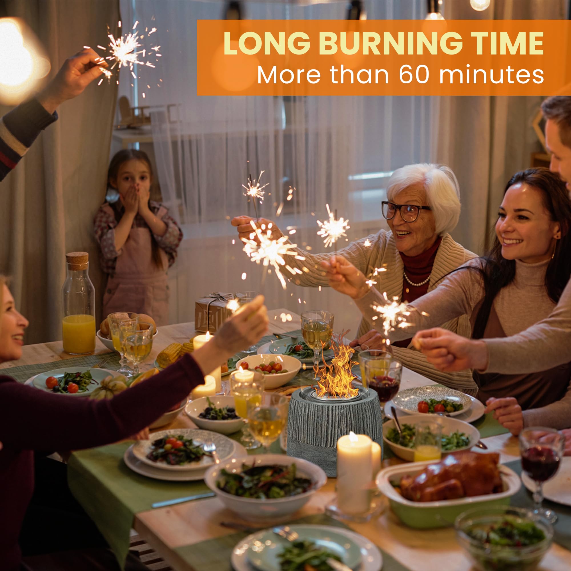 VOSSMOON Tabletop Fire Pit, Bioethanol Table Top Fire Bowl, Portable Round Fireplace indoor or Outdoor, Concrete Table Top Patio Heater Ethanol Burner with Tempered Glass for Potluck or Camping, Black