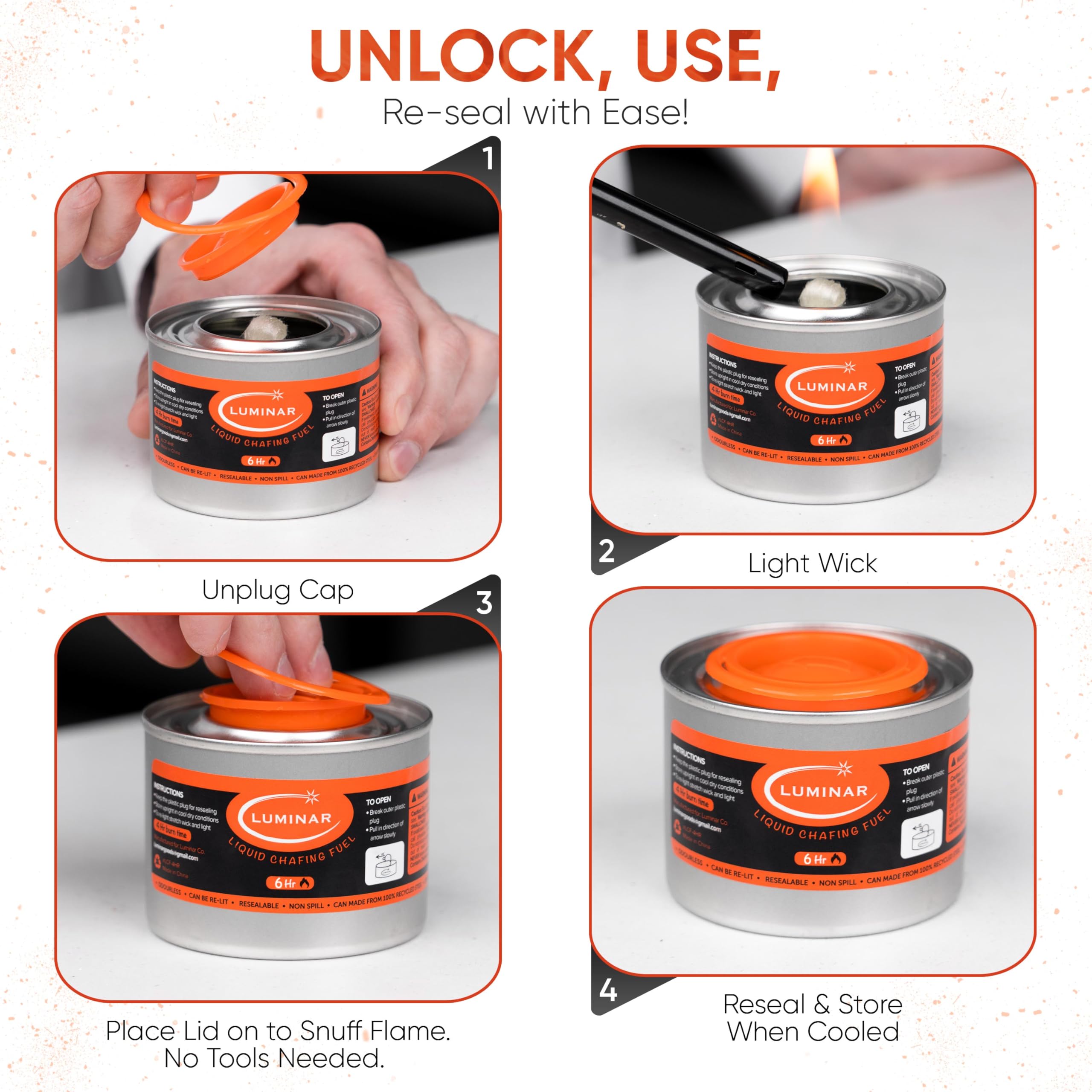 Luminar Resealable-Wick Chafing Fuel Cans, 24 Pack, 6 Hour - Premium Quality Burners for Food Warmers - No More Spills, Waste, or Hassle - Perfect for