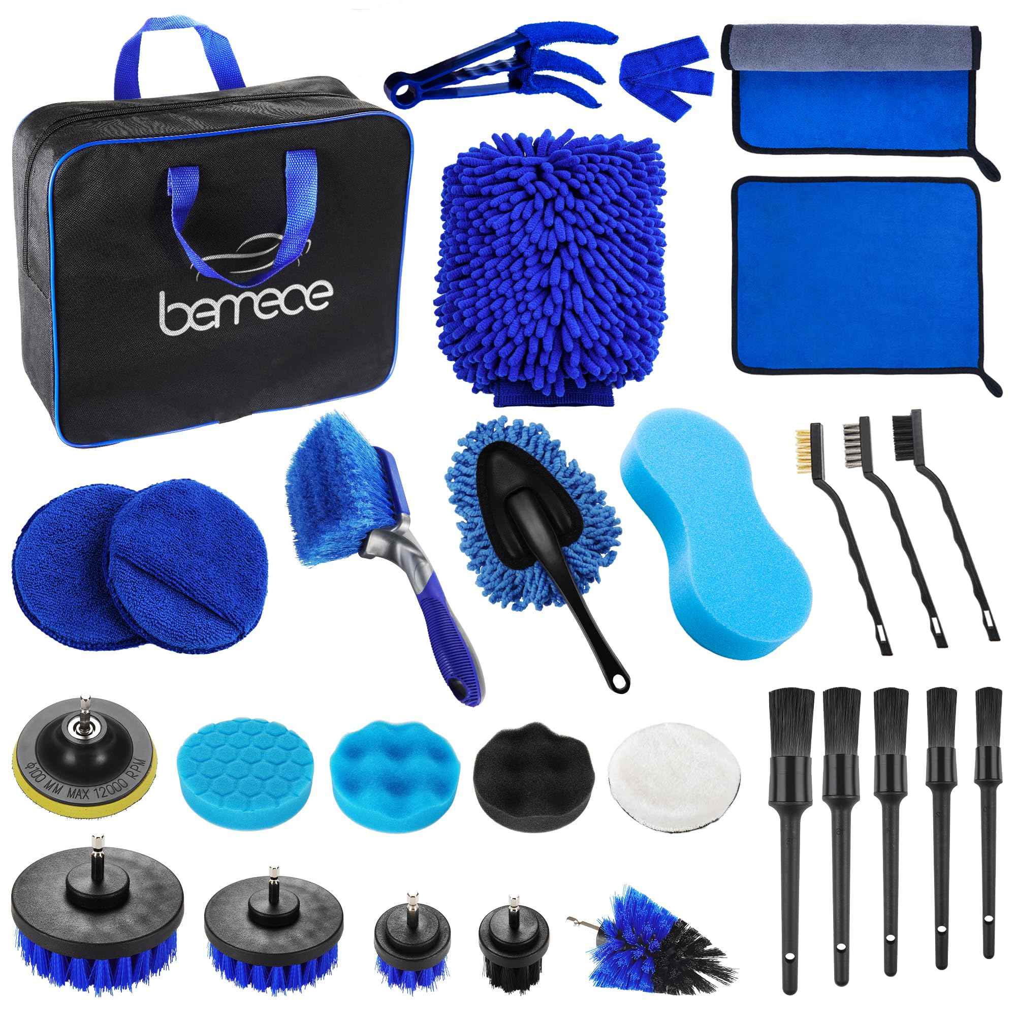 Bemece 29 Piece car detailing kit, car cleaning kit for Cleaning Wheels, Interior, Exterior, Leather, Dashboard, Vents (Blue)…