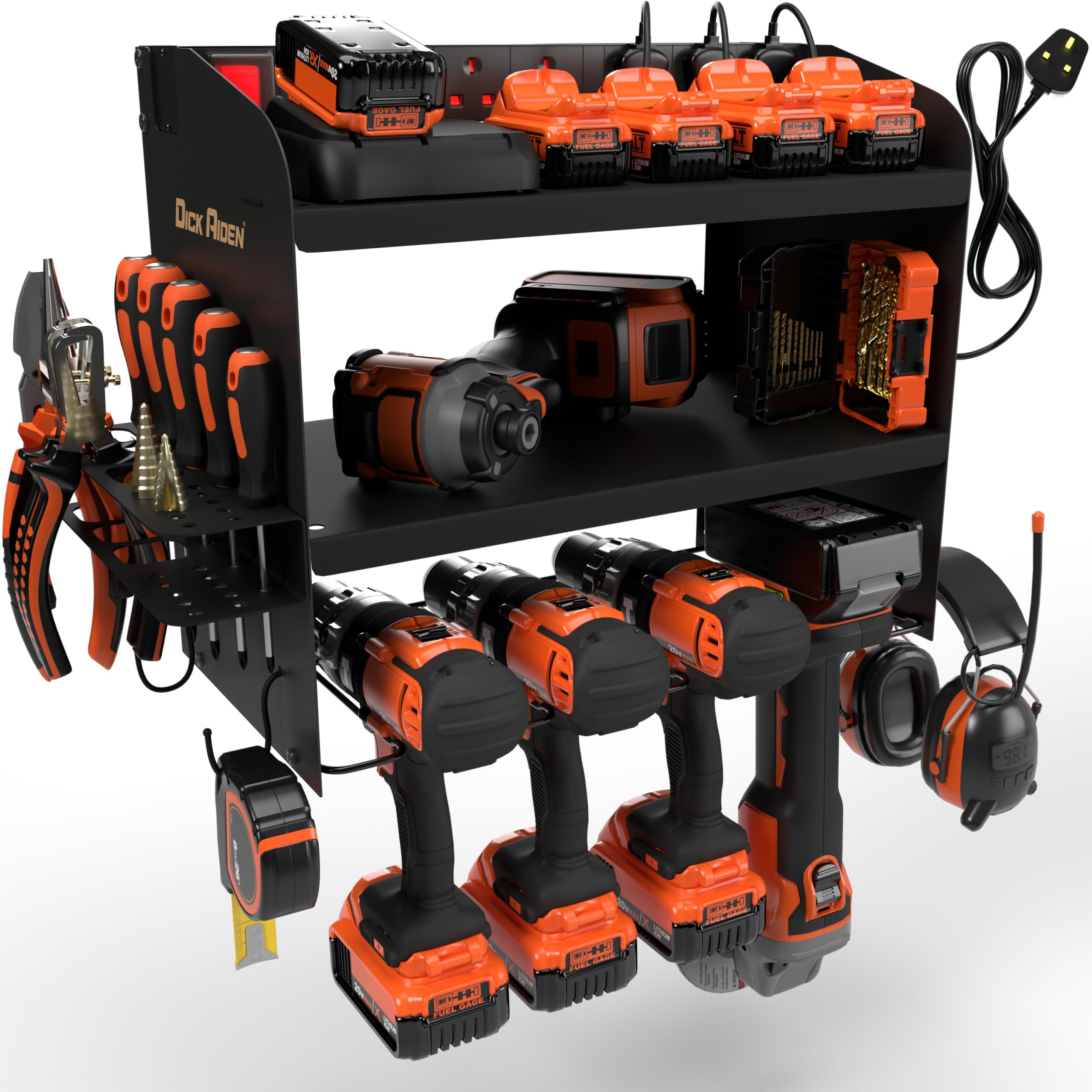 Toolganize Power Tool Organiser, Storage Rack with Power Strip Charging Station, Heavy-Duty for Workshop & Garage Tools - 4 Slot, Milwaukee Red.