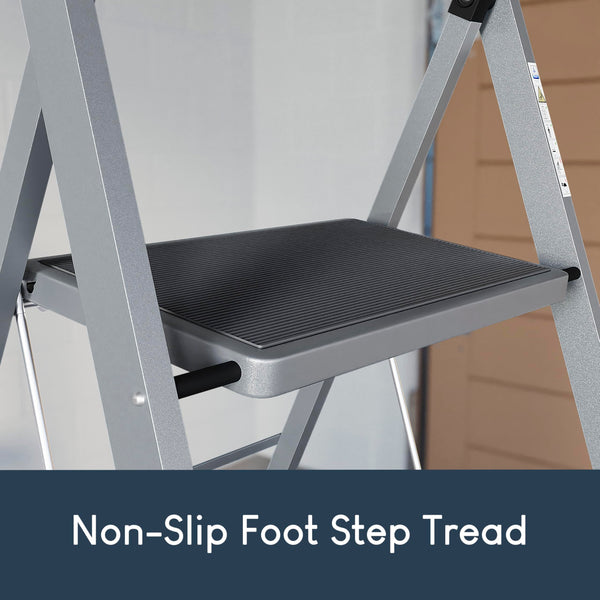 Home Vida 3 Step Ladder - Heavy Duty Steel Folding Ladder with Slip-Resistant and Wide Steps, Folding Mechanism, 150kg Max Load, Home/Kitchen/DIY/Garden Use, White