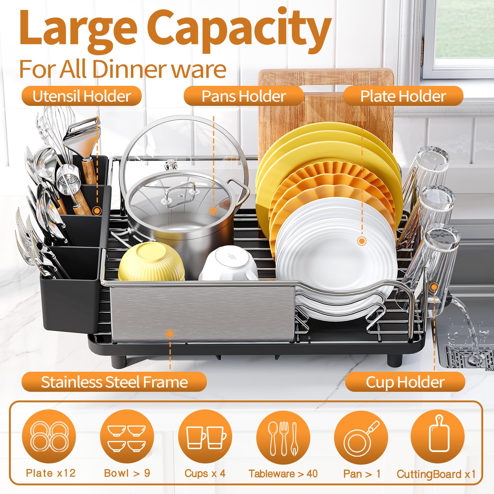 kingrack Dish Drainer Rack, Stainless Steel Dish Rack, Draining Board Rack with Anti-Rust Frame, Optional 2 Direction Spout Sink Drain Board Design,