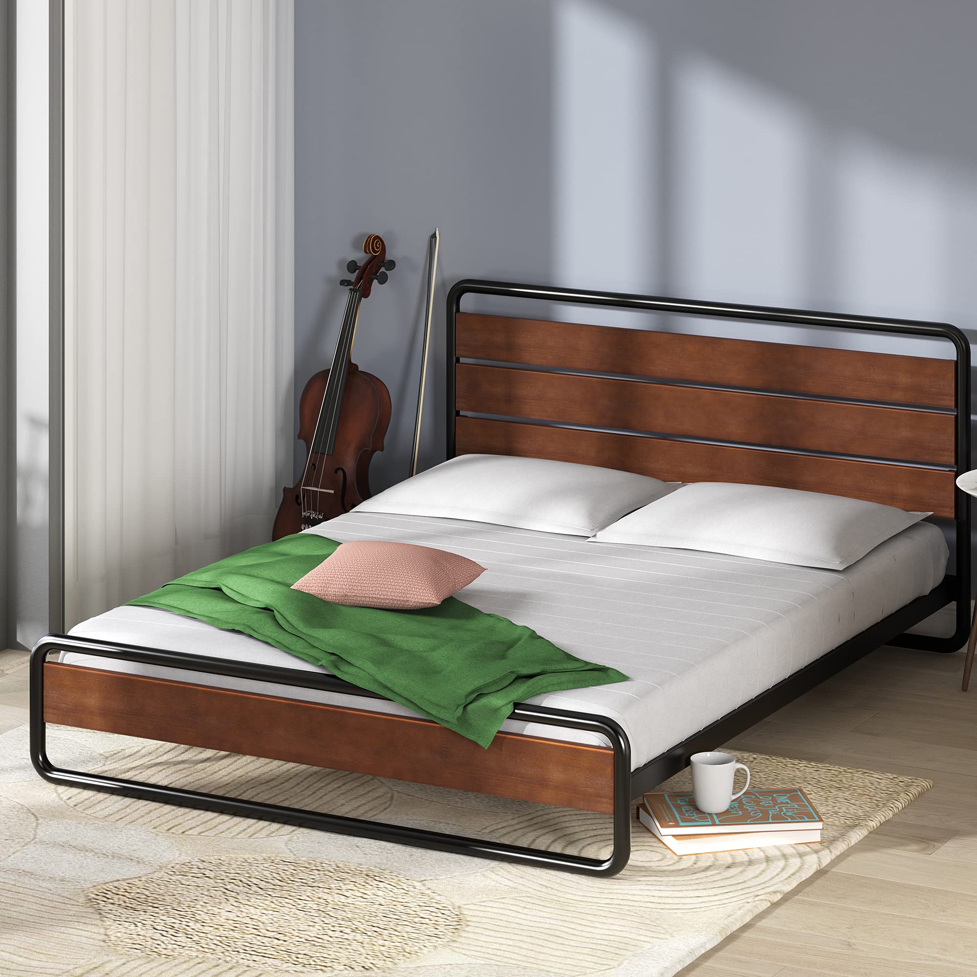 Zinus Therese Single Bed frame - Bed 90x190 cm - 20 cm Height - Metal and Wood Platform bed frame with wood slat support - Brown