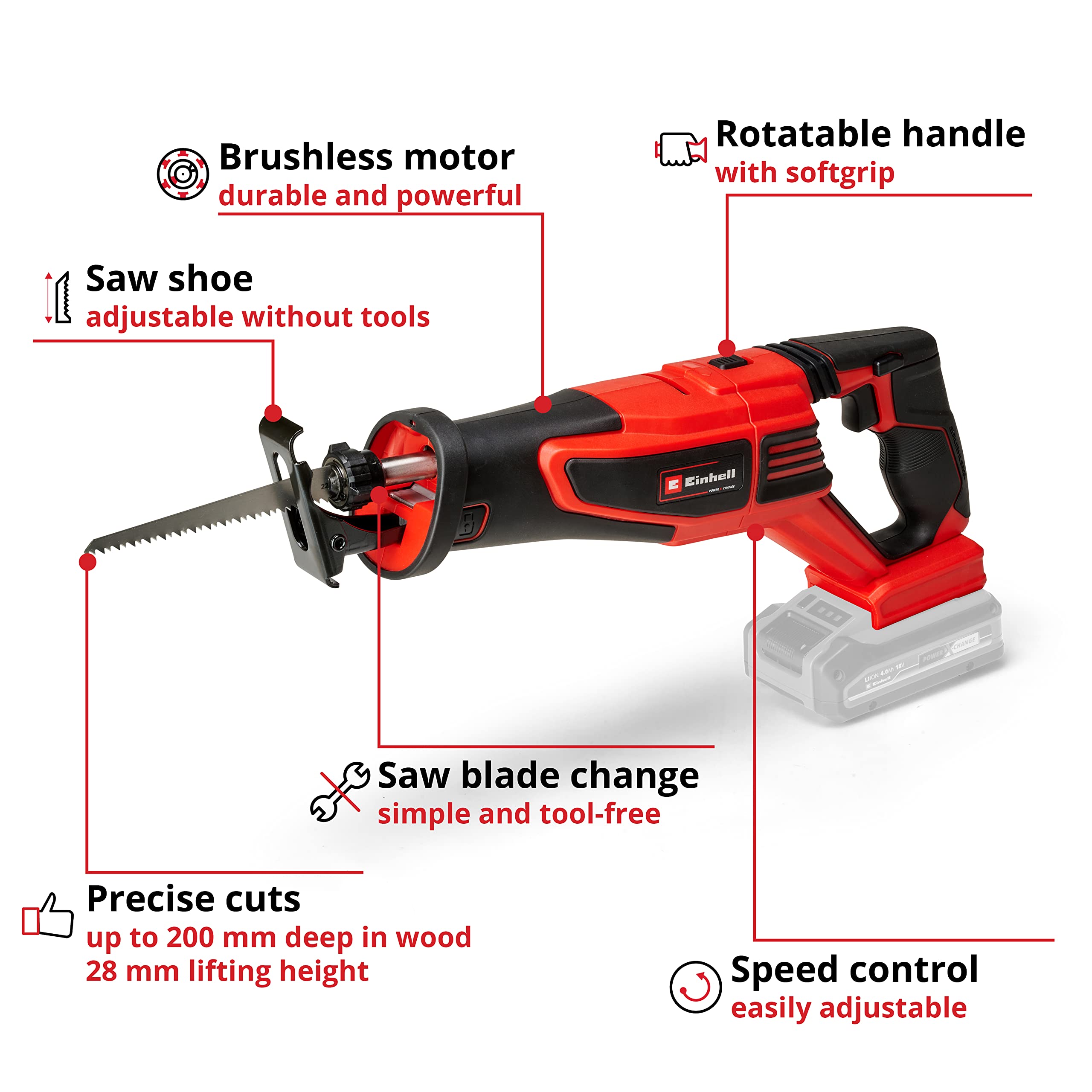 Einhell Power X-Change Cordless Reciprocating Saw - 22mm Stroke, 18V Electric Saw To Cut Wood, Plastic and Metal - TE-AP 18/22 Li Solo Recip Power Saw (Battery Not Included)