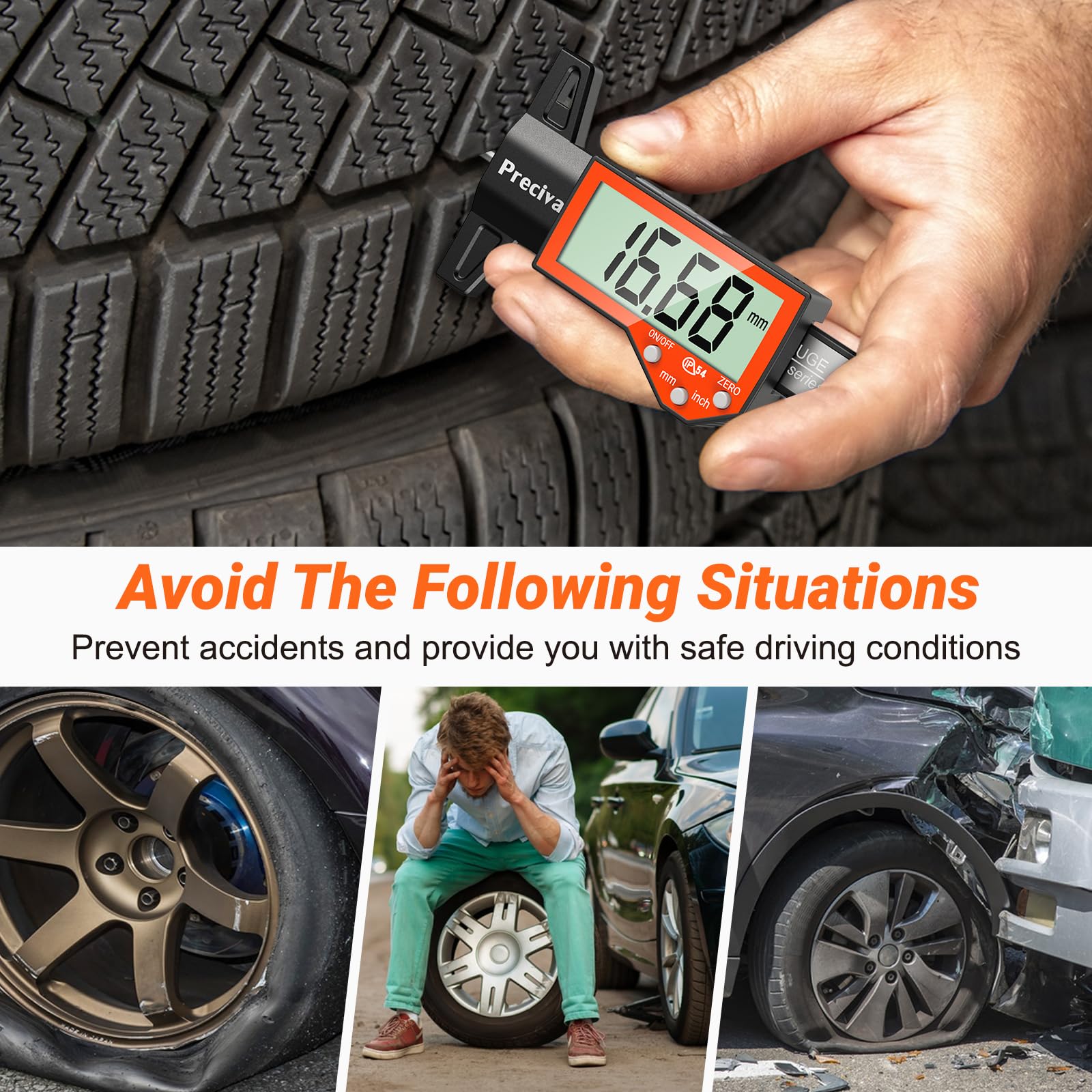 Tyre Tread Depth Gauge, Preciva Silver 0-25.4mm/Inch Digital Tire Checker UK, Tyres Depths Measuring Tool with Large LCD Screen for Cars, Trucks, Vans