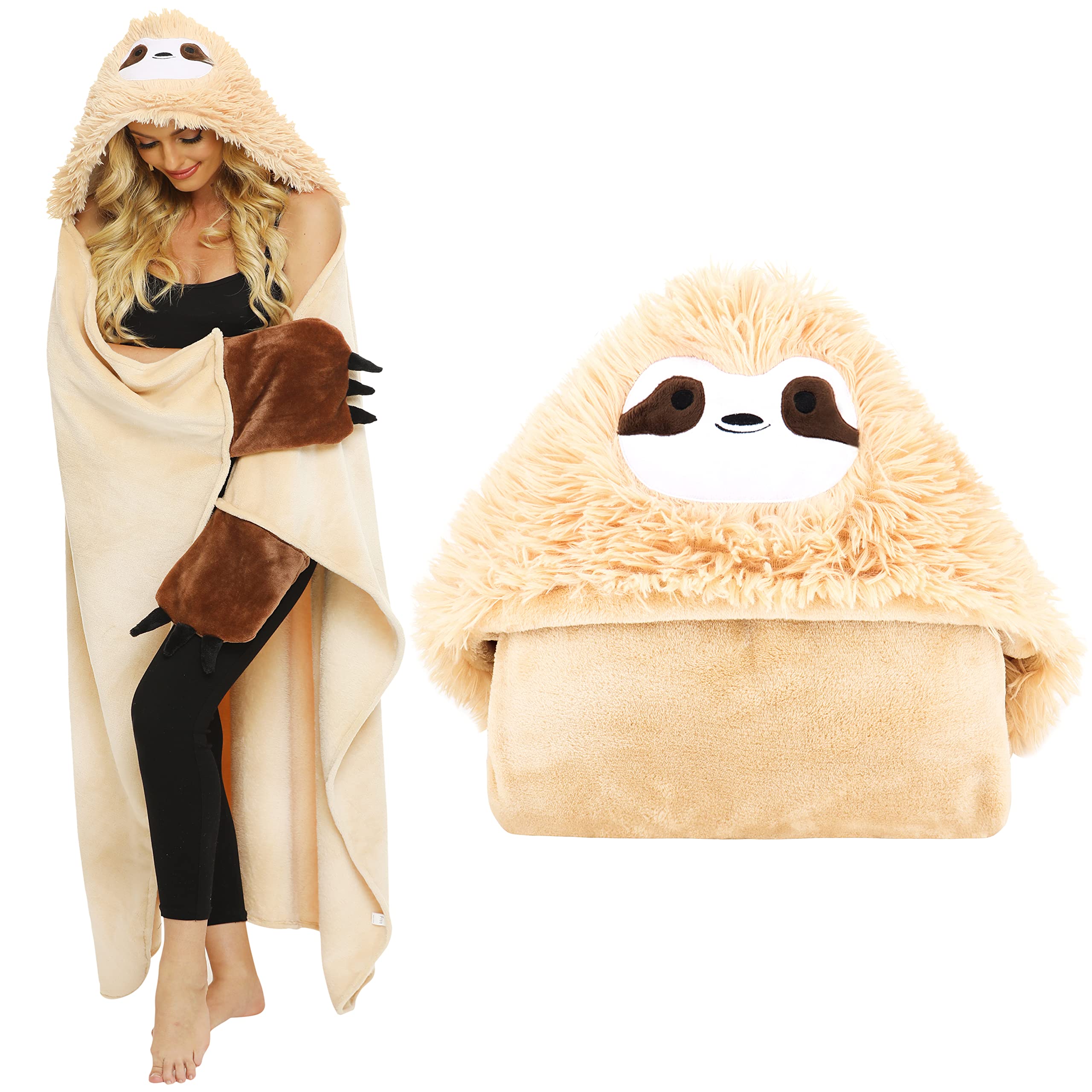Shoppawhile Sloth Gifts for Women Wearable Hooded Blanket Soft Cute Warm Fluffy Sloth Hooded Blanket 59 * 51 inch