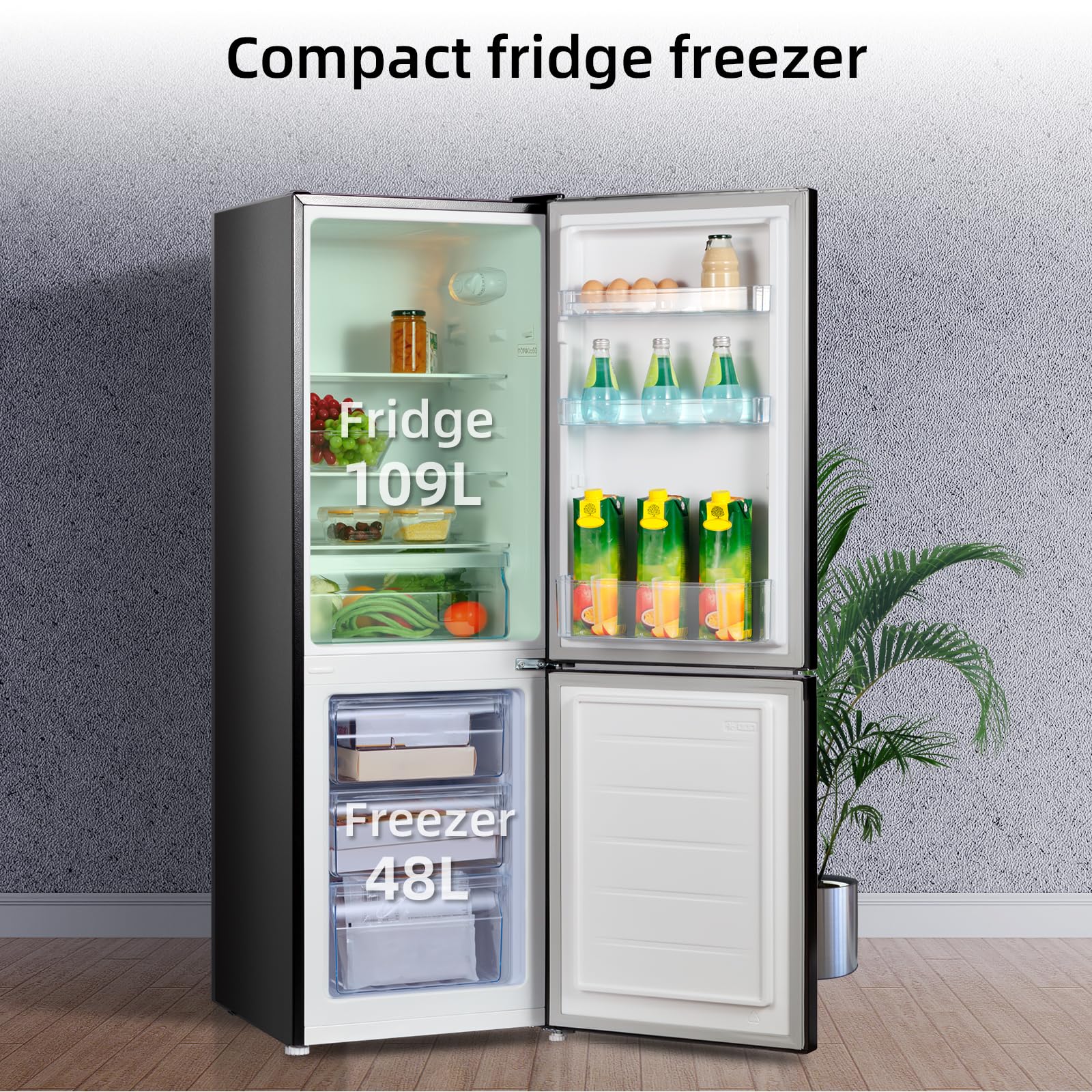 CHiQ FBM157L4EU, Fridge Freezer, 157L, 70/30, 12-Year Compressor Service, Low Frost, E, 39 dB, 48cm Wide 144cm Tall, Black