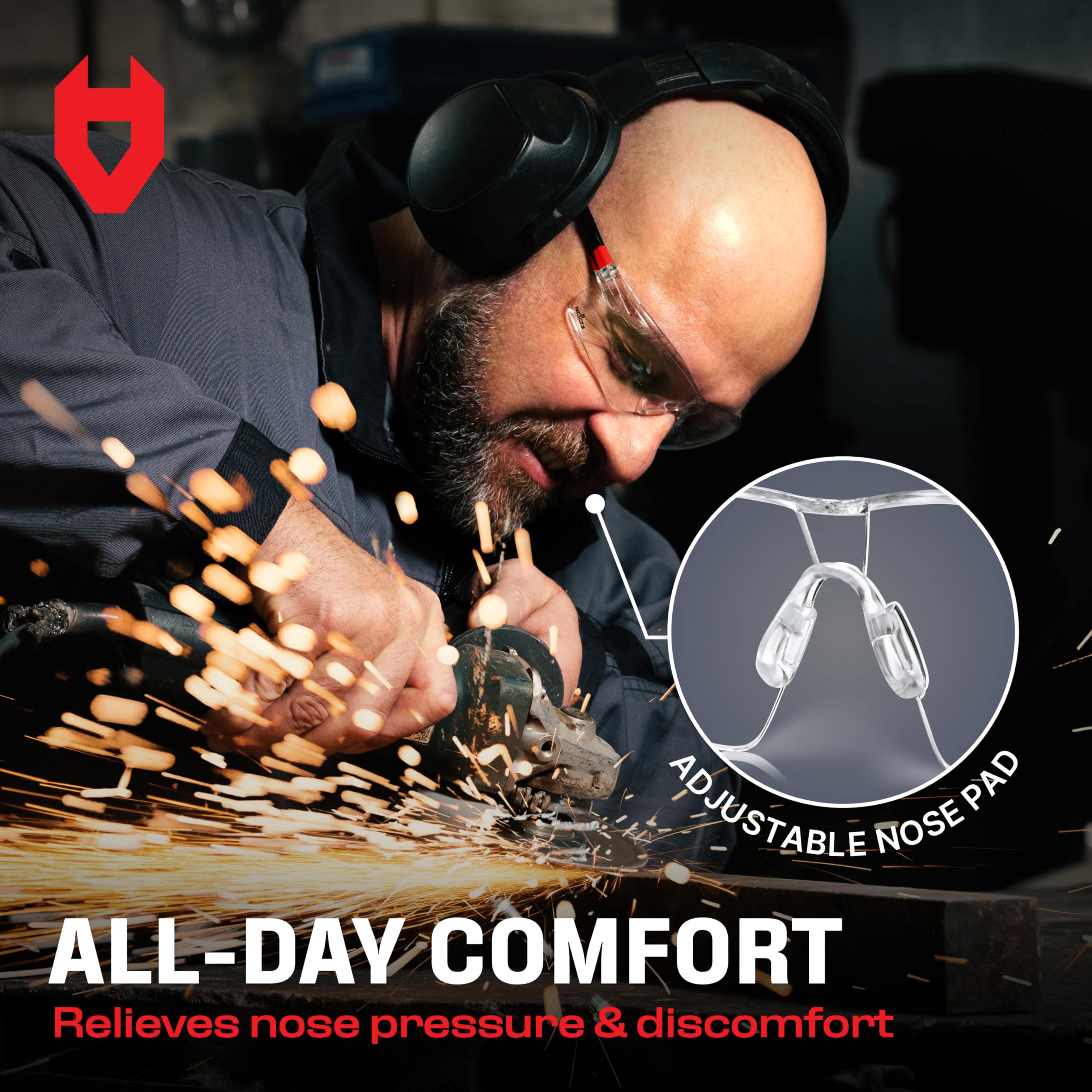 NoCry Clear Safety Glasses for Work with Anti Fog Scratch Resistant Wrap-Around Lenses and Non-Slip Grips, UV Protection. Adjustable Eye Protection Cycling and Squash Glasses with Black & Green Frames