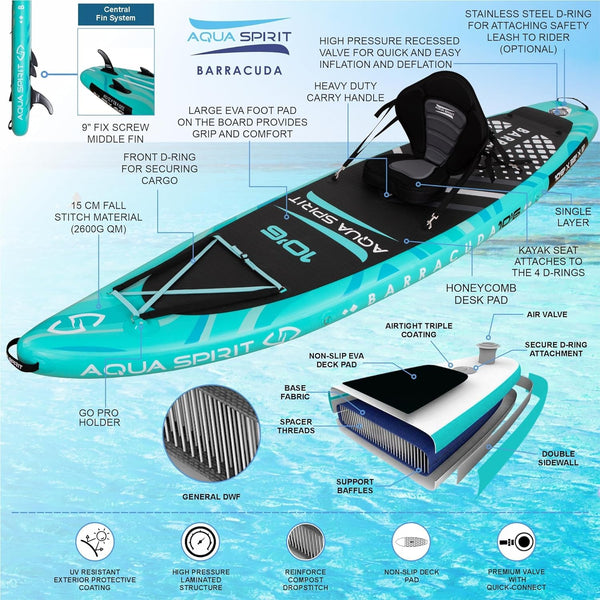 Aqua Spirit Barracuda ISUP/Kayak Inflatable Stand Up Paddle Board 2025 | 10'6x32”x6” | Complete Conversion Kit with Paddle, Backpack and more accessories | Adult Beginner/Expert