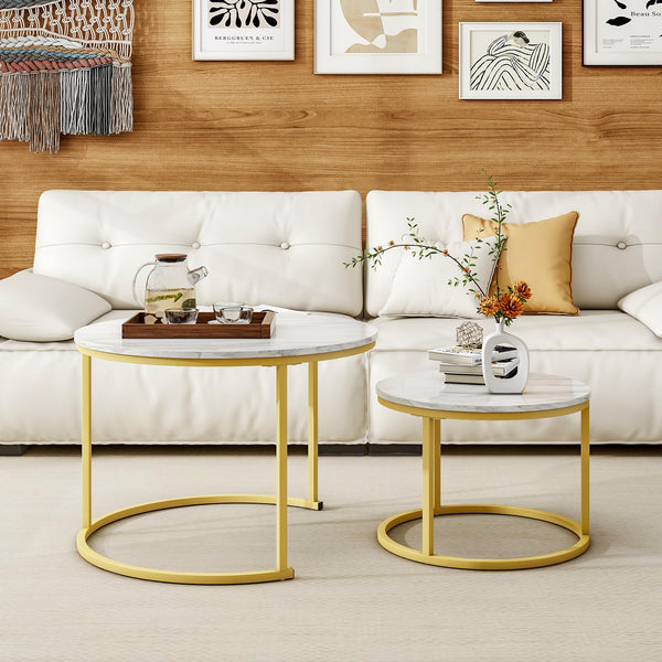HOJINLINERO Round Coffee Table Set of 2,Nest of Tables,Coffee Tables for Living Room,Wooden Coffee Table with Storage & Gold Metal Frame,Modern Side