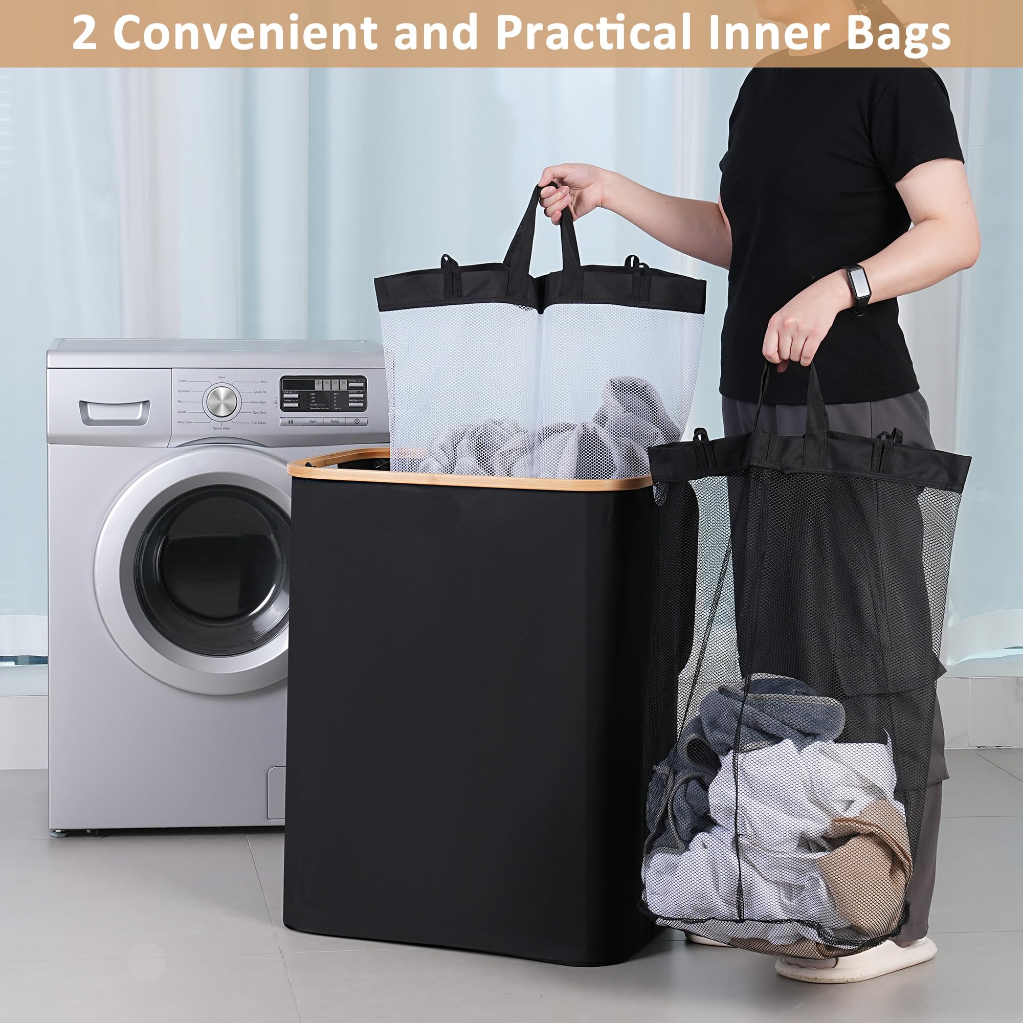 iEGrow Large Laundry Basket with Lid 150L, Double Laundry Baskets with Removable and Washable Inner Bags, 2 Compartments Foldable Washing Basket for