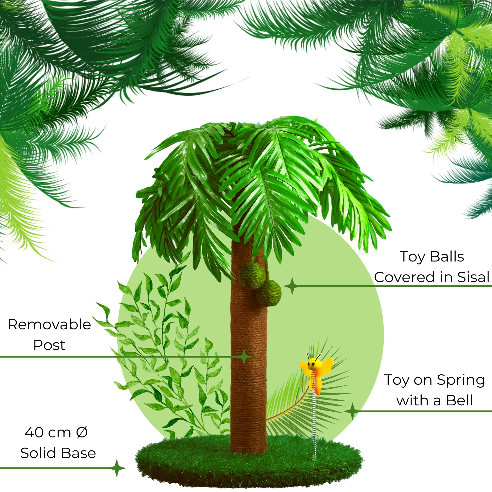 TREKAM Cat Scratching Post - Scratching Post for Cats with Palm Tree Design and Swinging Balls - Scratching Post for Large Cats 78 cm - Cat Scratching