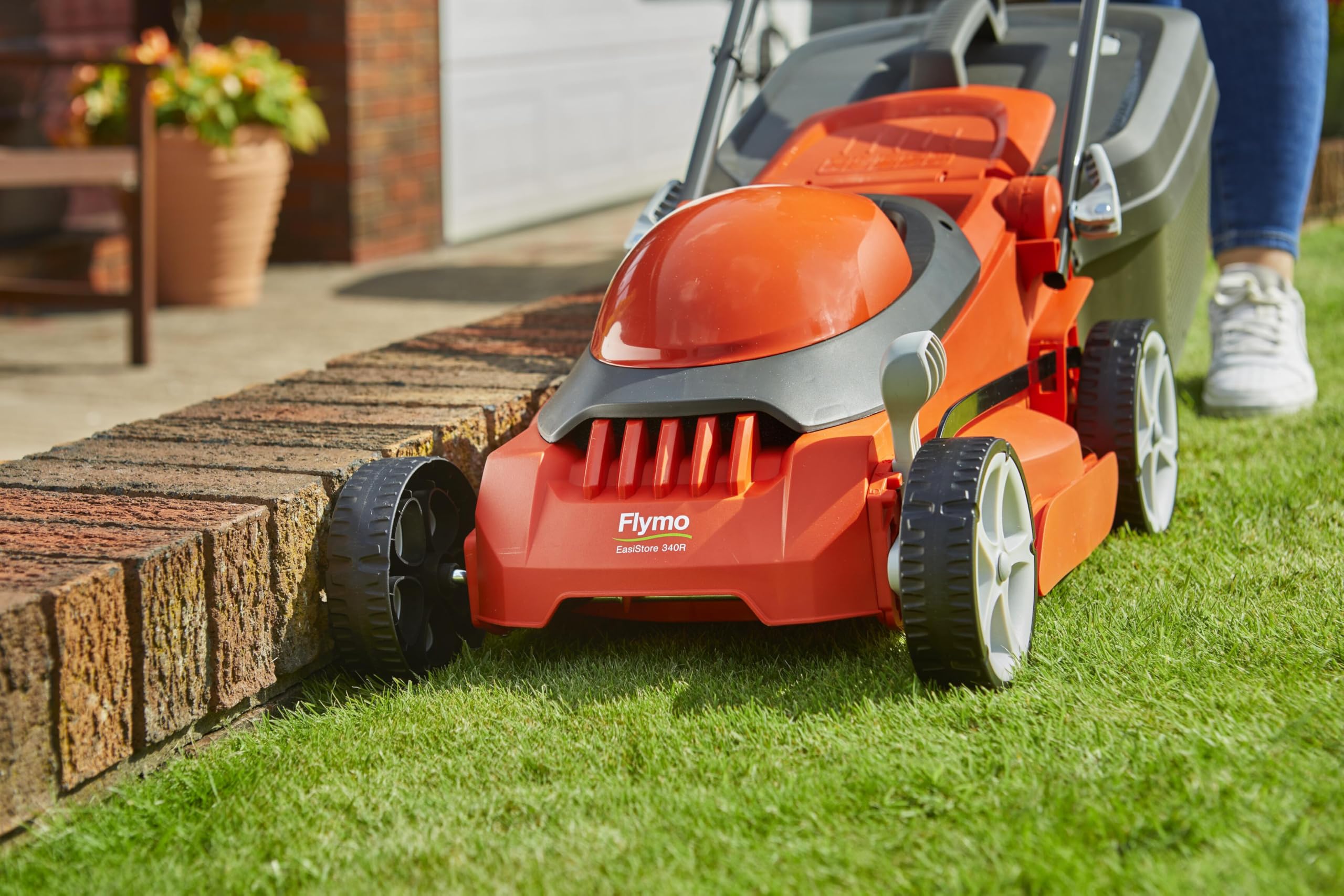 Flymo EasiStore 380R Electric Rotary Lawn Mower - 38 cm Cutting Width, 45 Litre Grass Box, Close Edge Cutting, Rear Roller, Central Height Adjust, Space Saving Storage Features