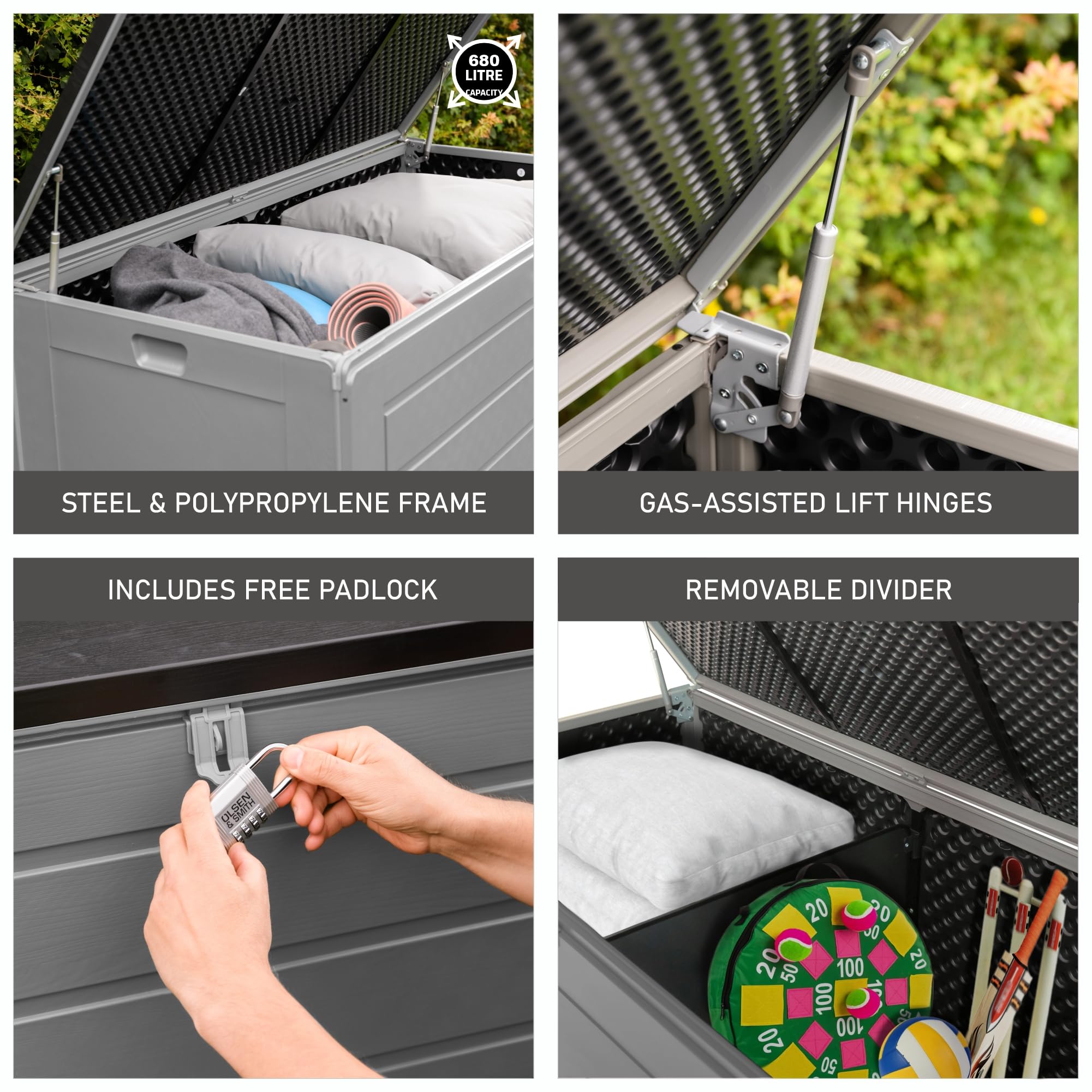 Olsen & Smith 680L Large Garden Storage Box - Weather Resistant Heavy Duty Garden Box with Padlock & Wood Effect - Huge Capacity Outdoor Storage Chest for Tools, Cushions, Toys & More (Anthracite)