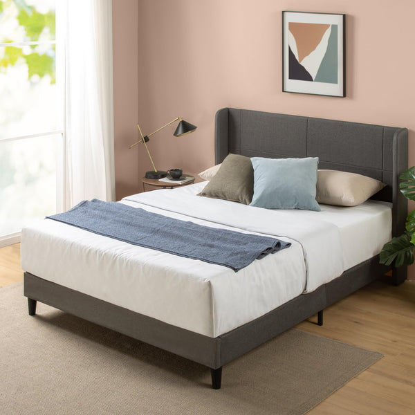 Zinus Sasha Super King Bed frame - Bed 180x200 cm - 25 cm Height - Upholstered Platform Bed frame with Wingback Headboard - Medium Grey