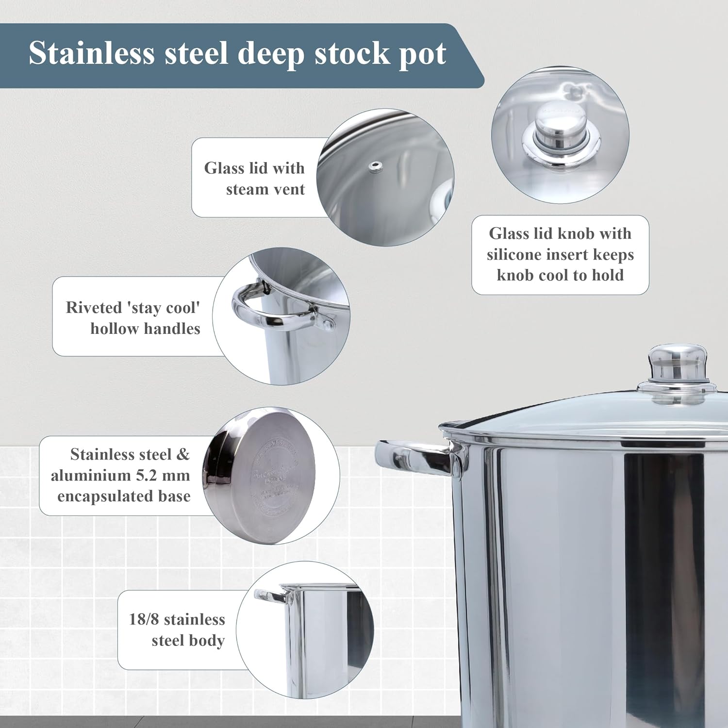 Buckingham Stainless Steel Stock Pot with lid Multipurpose Large Cooking Pot for Soups Stews (11 Litre)